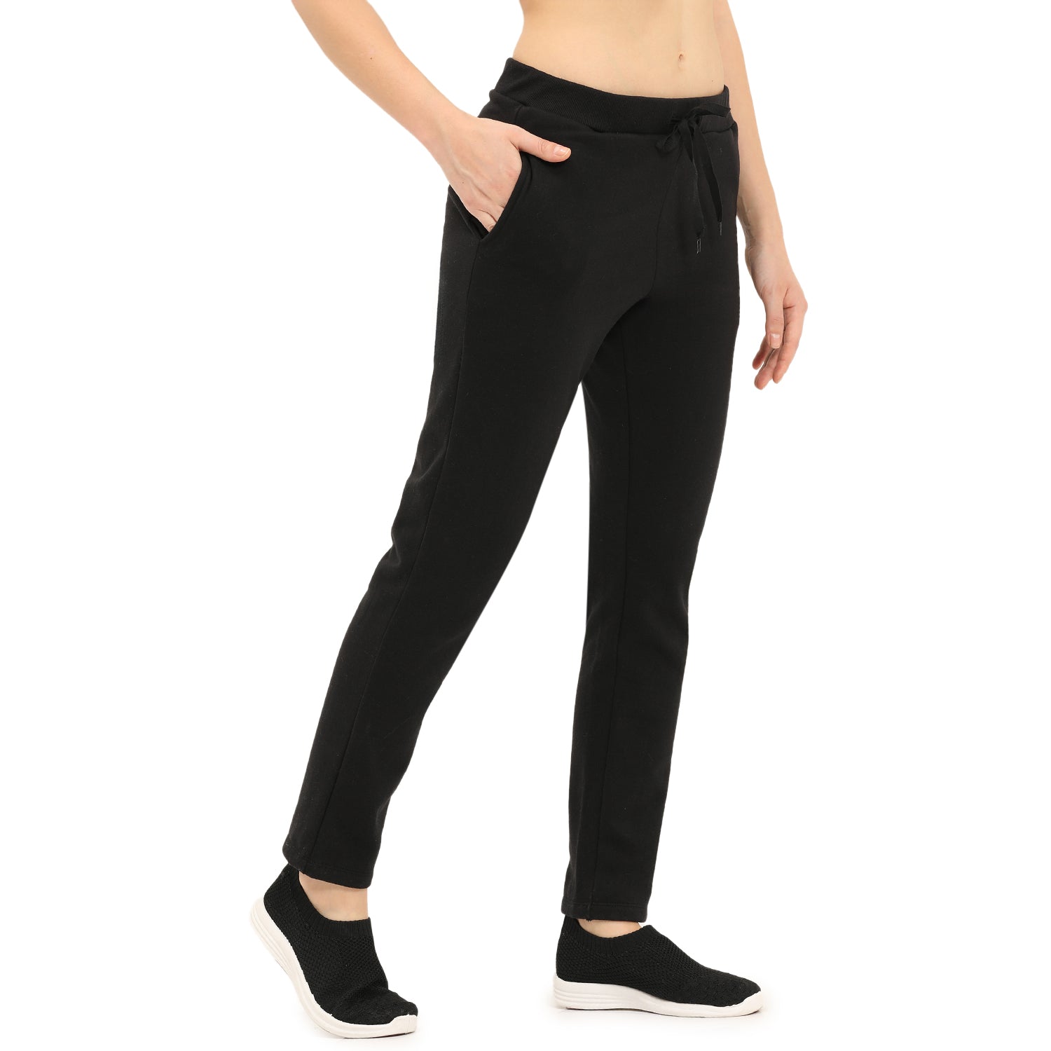Women Black Ankle Length Fleece Track Pant