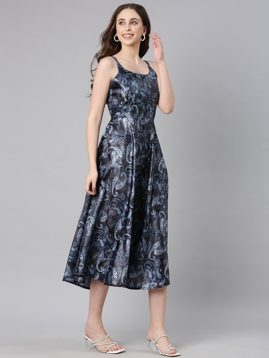 Women Navy Blue Satin Dress
