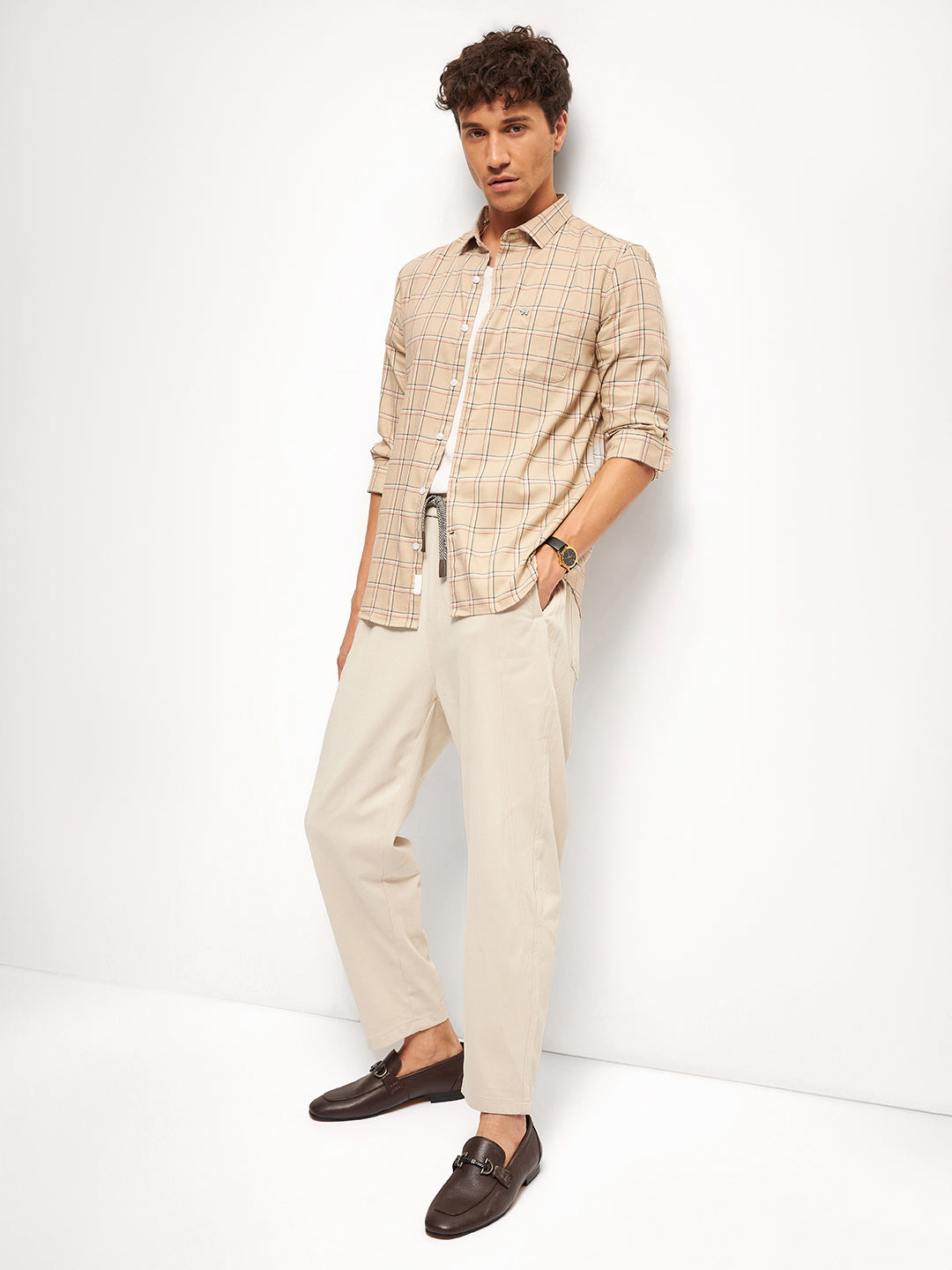 Men Beige Checked Slim Fit Casual Shirt