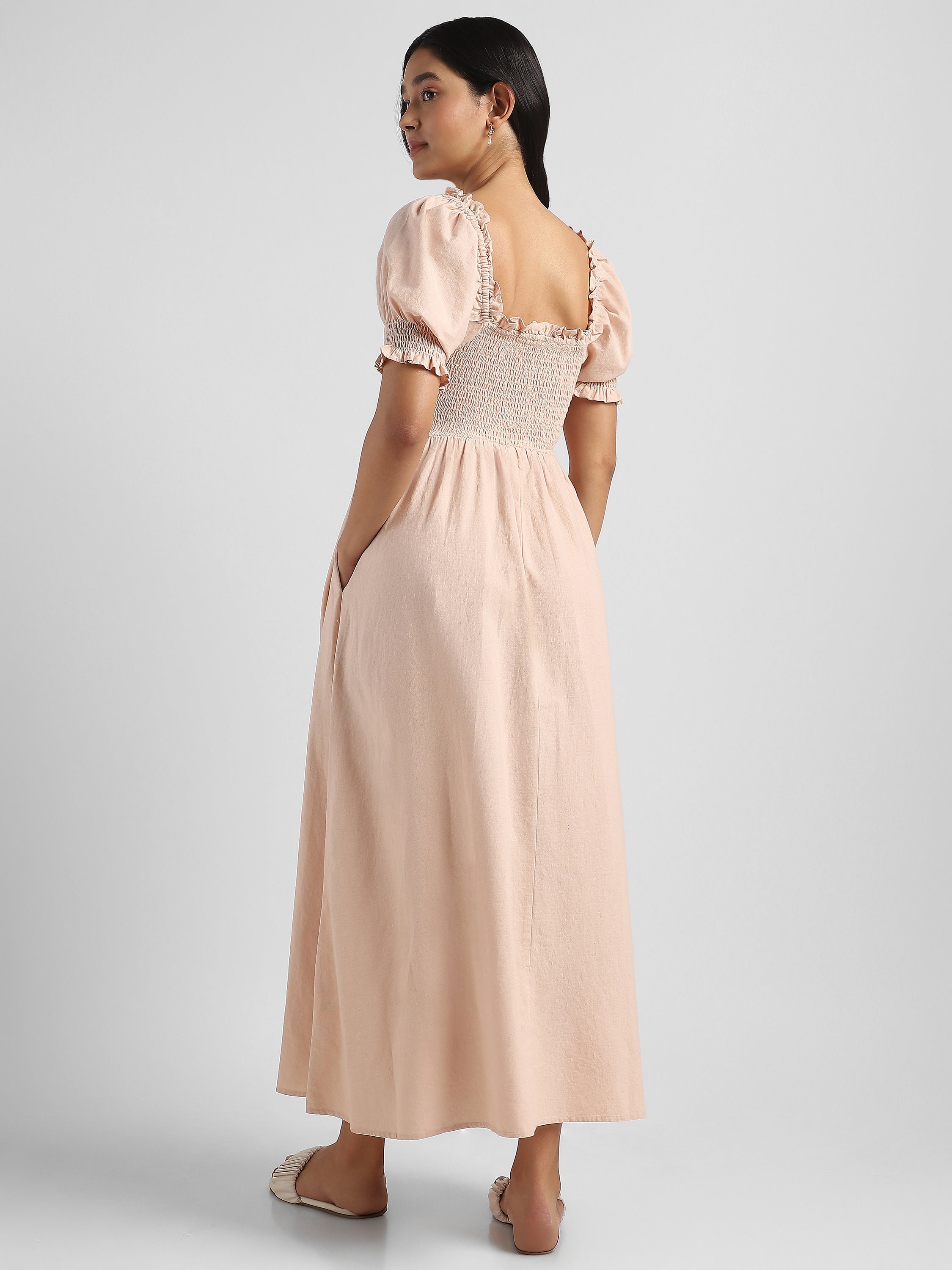 Women Solid Peach Baloon Sleeve Maxi Dress