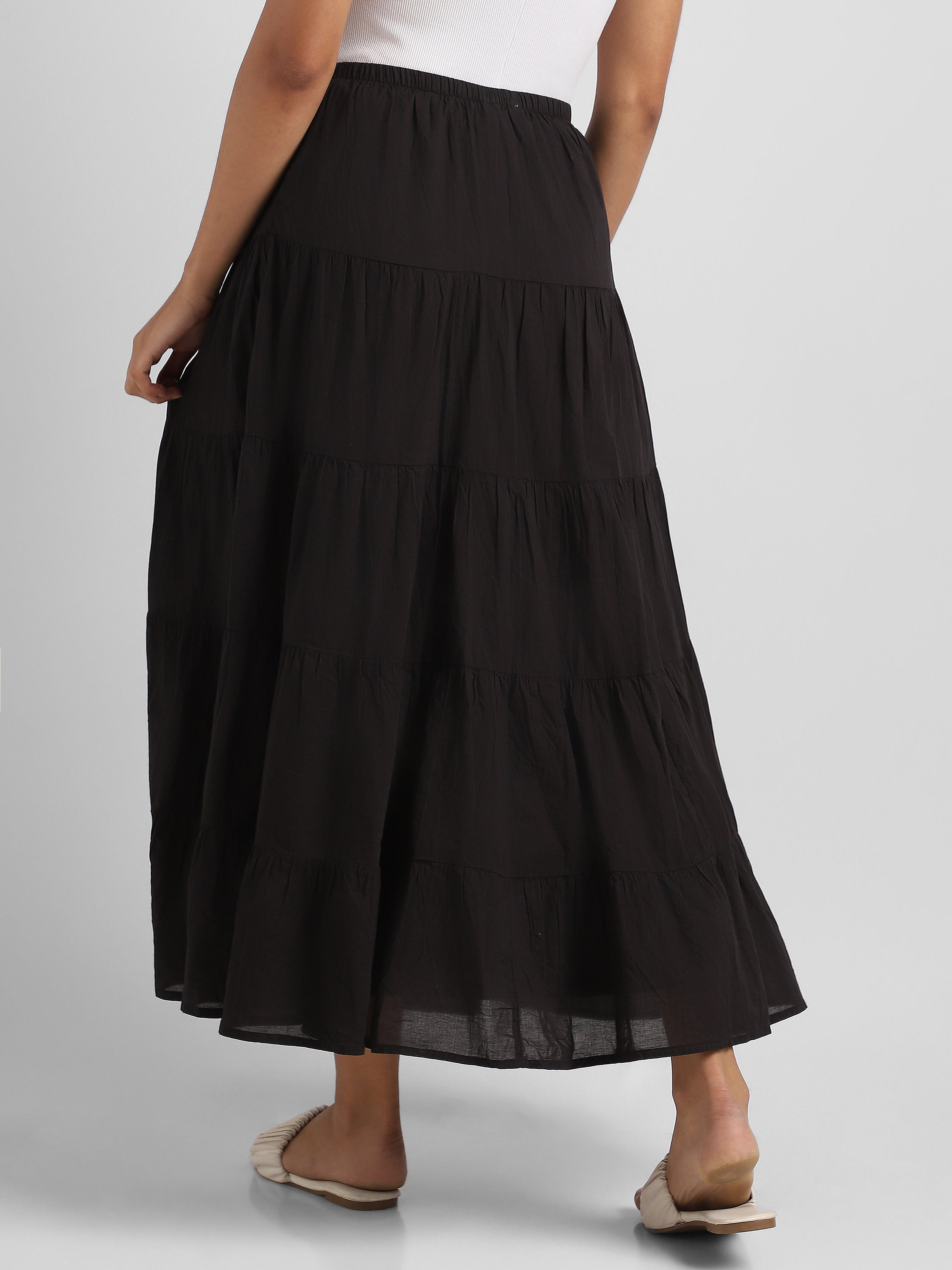 Women Black Flared Tier Maxi Skirt