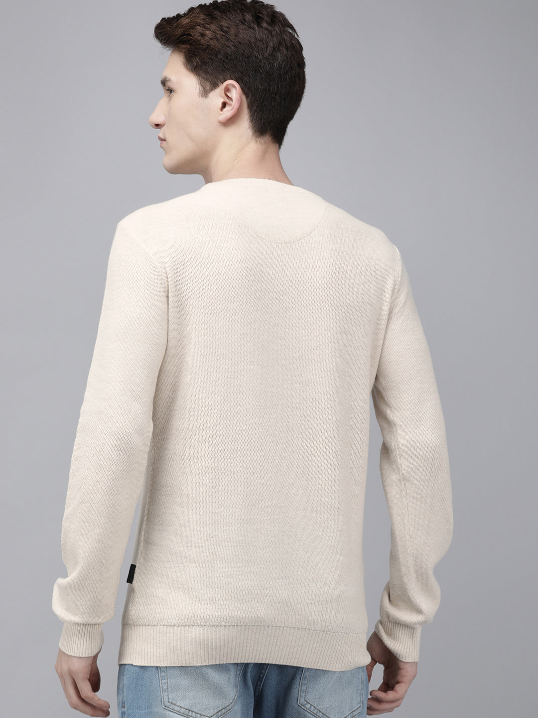 Men Ardor Edition Beige Self-Designed Slim Fit Knitted Pullover