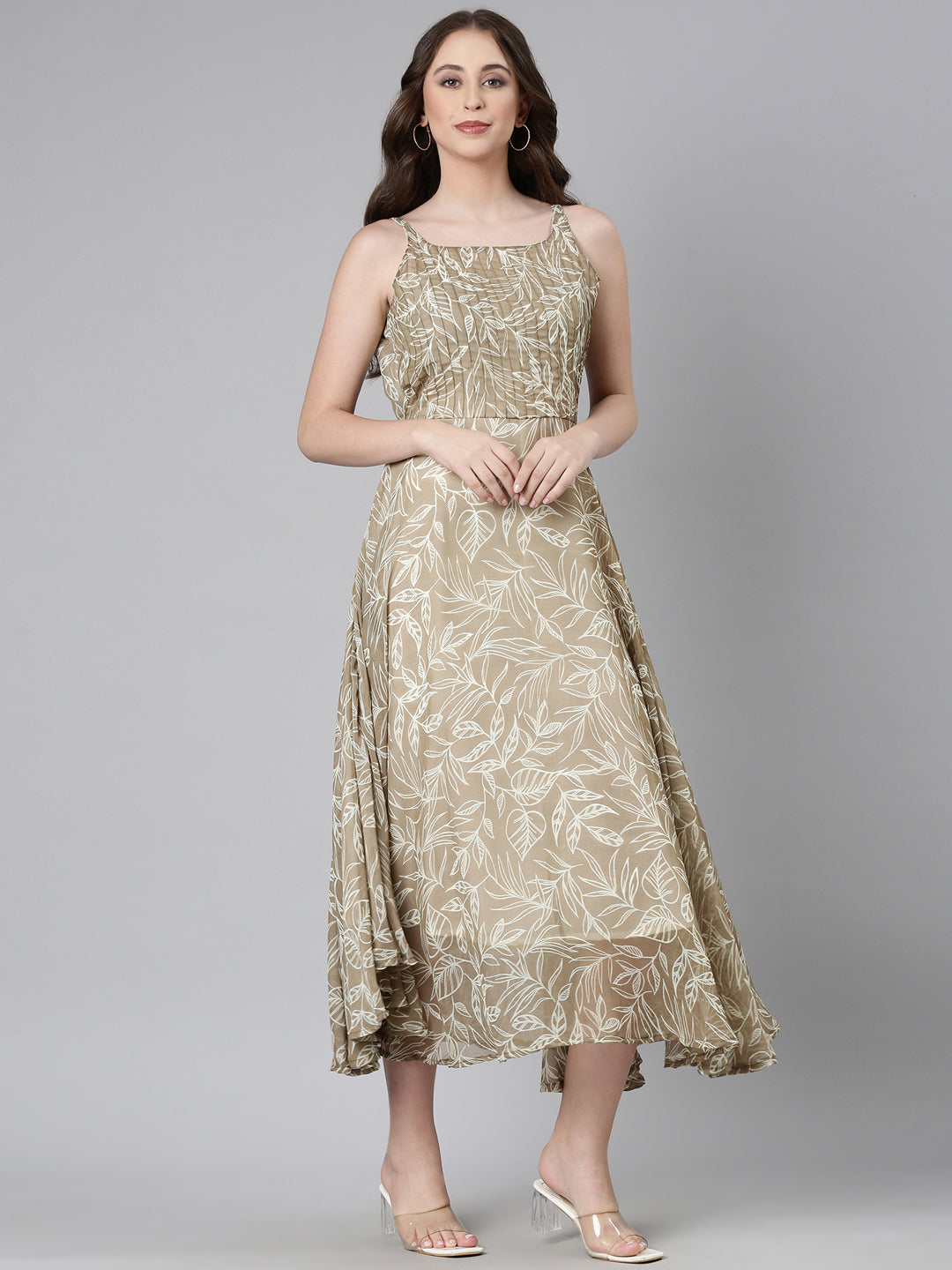Women Beige Floral Chiffon Dress