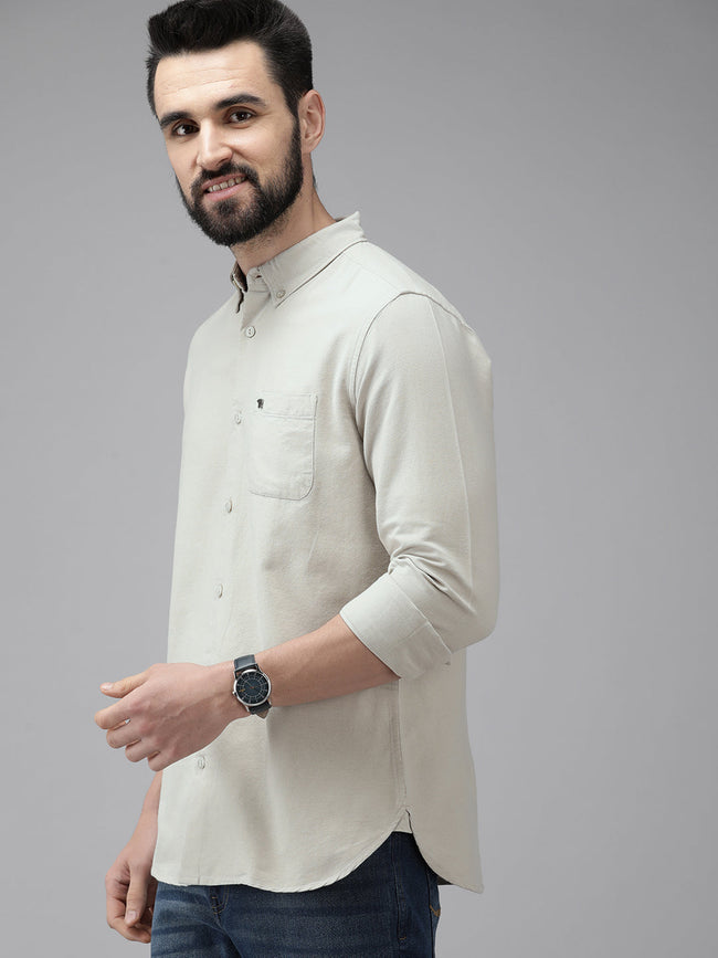 Men Beige Solid Slim Fit Cotton Shirt