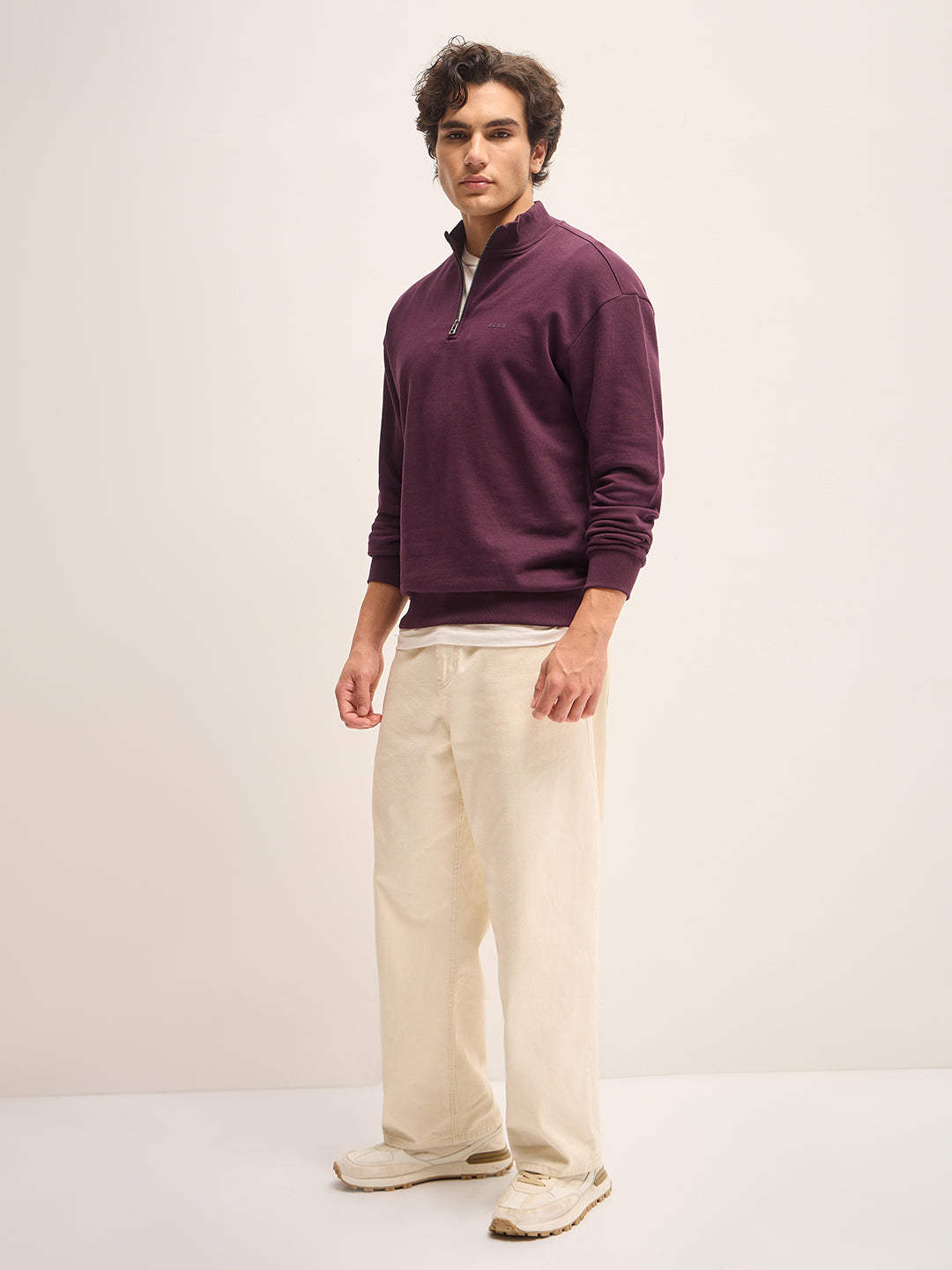 Men Plum Solid Relax Fit High Neck Sweatshirt