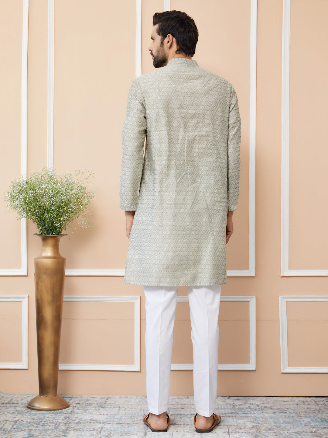 Men Cream Ethnic Motifs Silk Jacquard Woven Design Straight Kurta