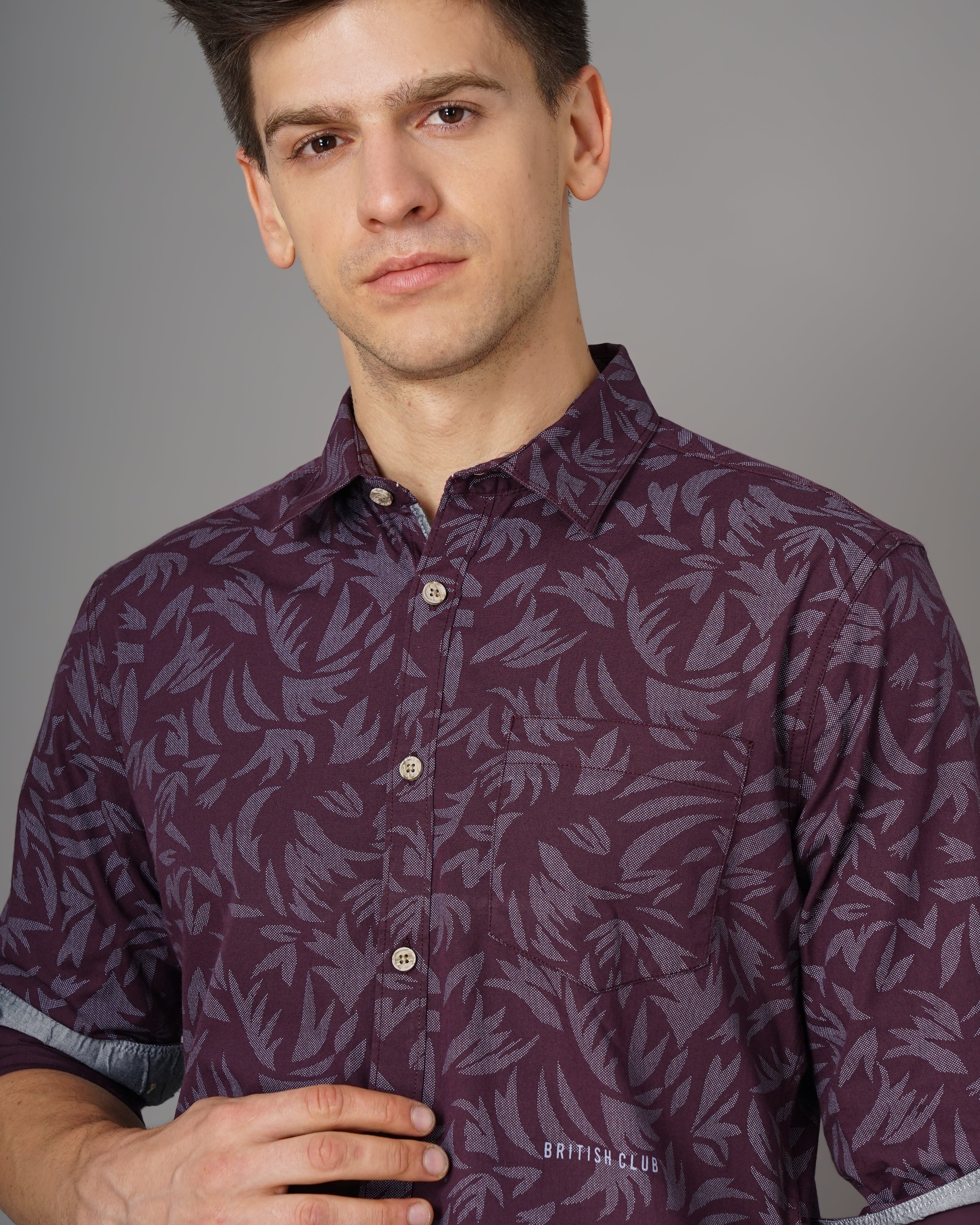 Men Burgundy Cotton Slim Shirt