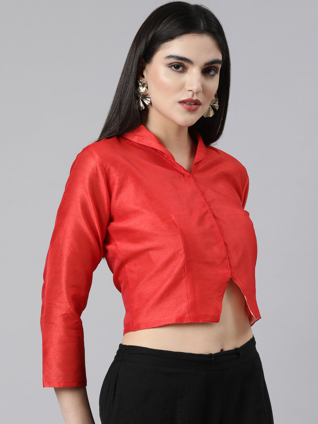Red Solid Three-Quarter Sleeves Mandarin Collar Dupion Silk Knot Blouse