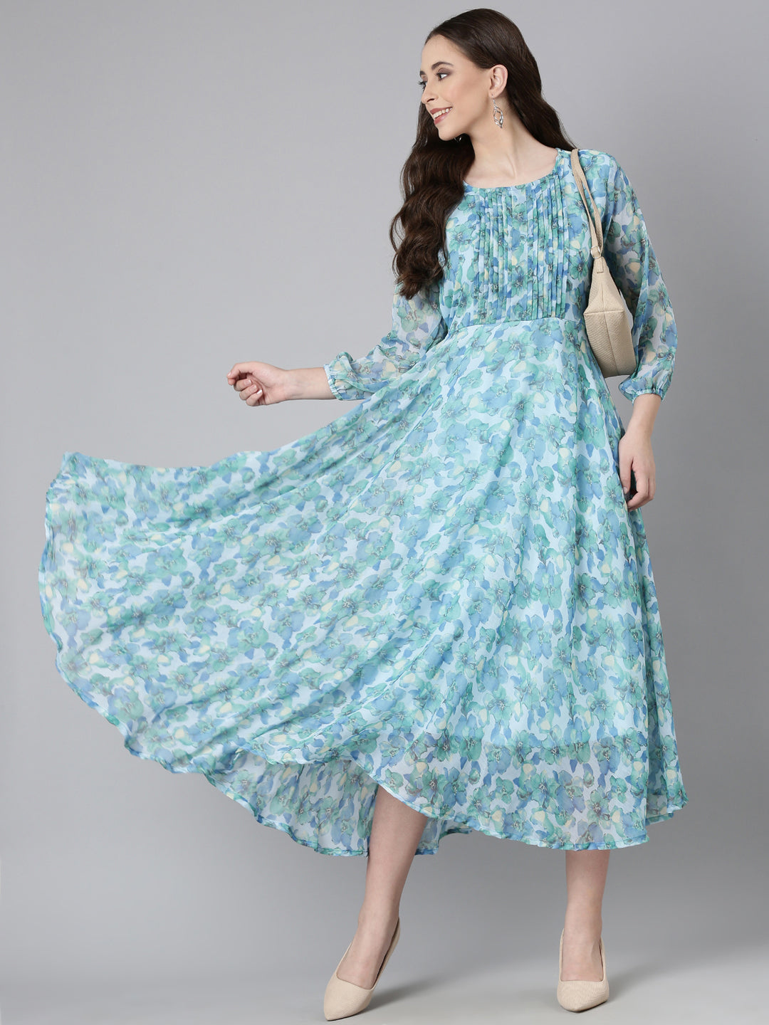 Women Blue Floral Chiffon Maxi Dress