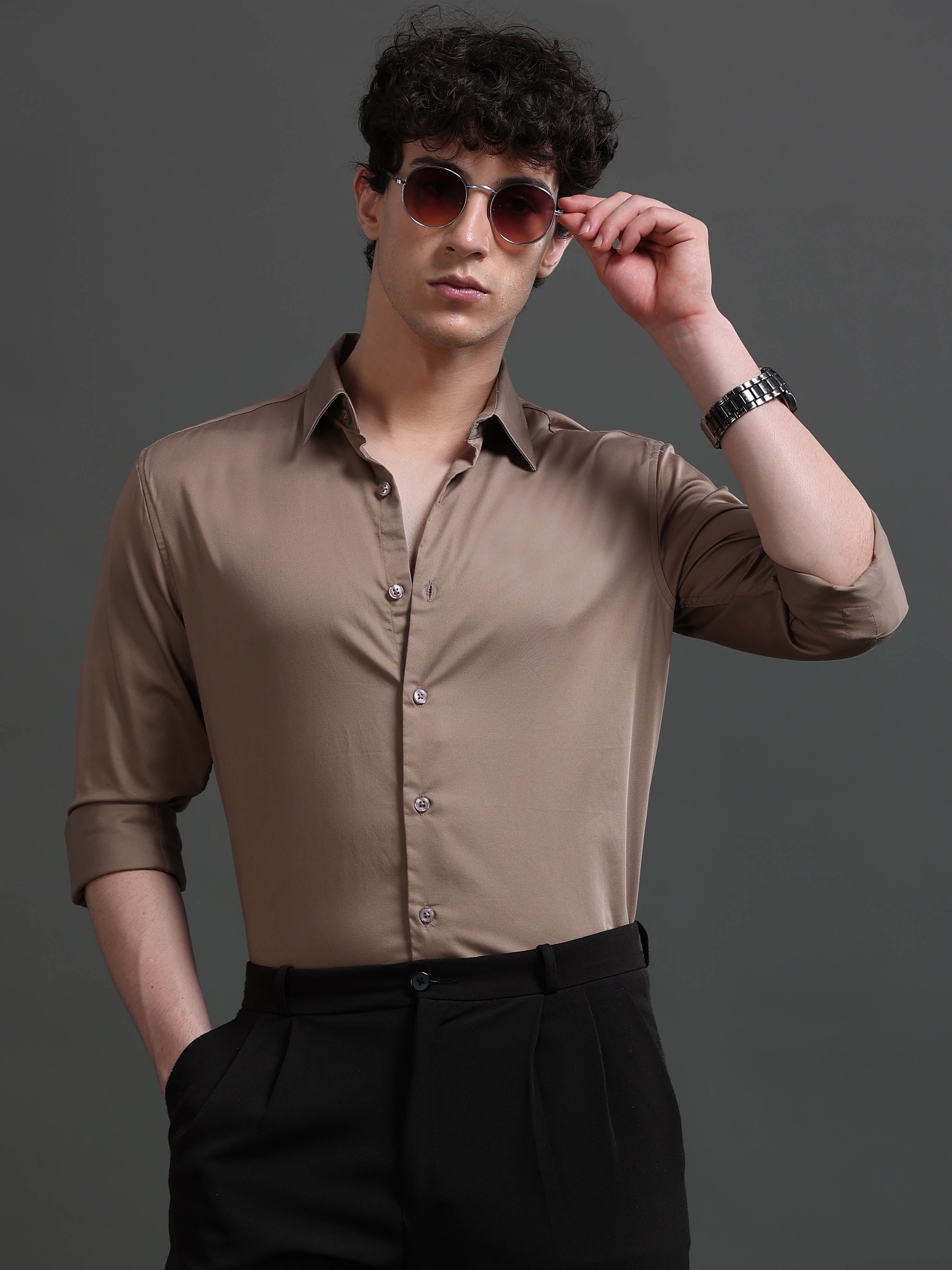 Men Khaki Solid Shirt