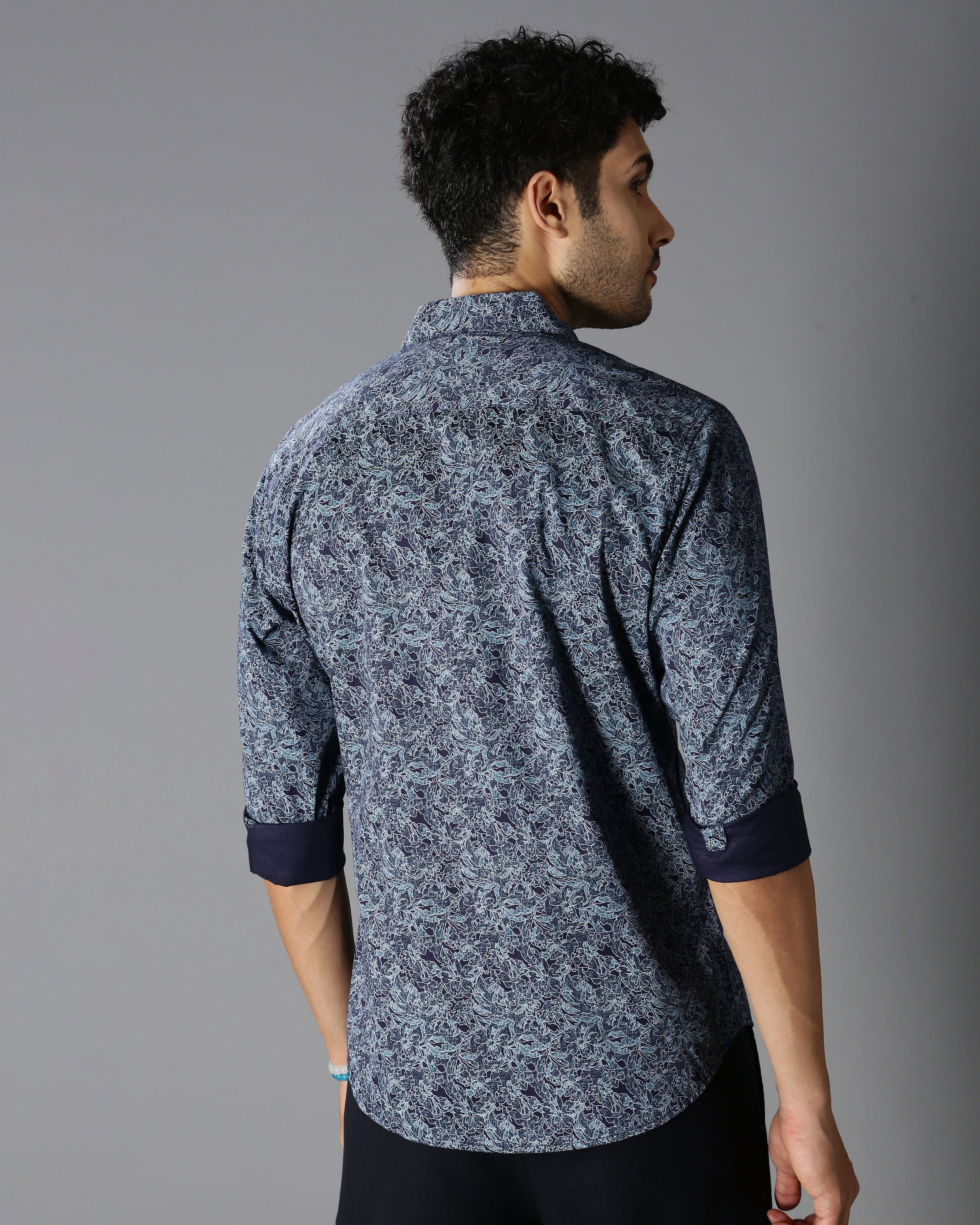 Men Blue Cotton Slim Shirt