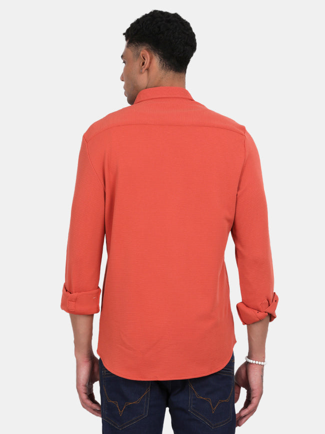 Men Peach Slim Fit Spread Collar Full Sleeve Casual Shirt