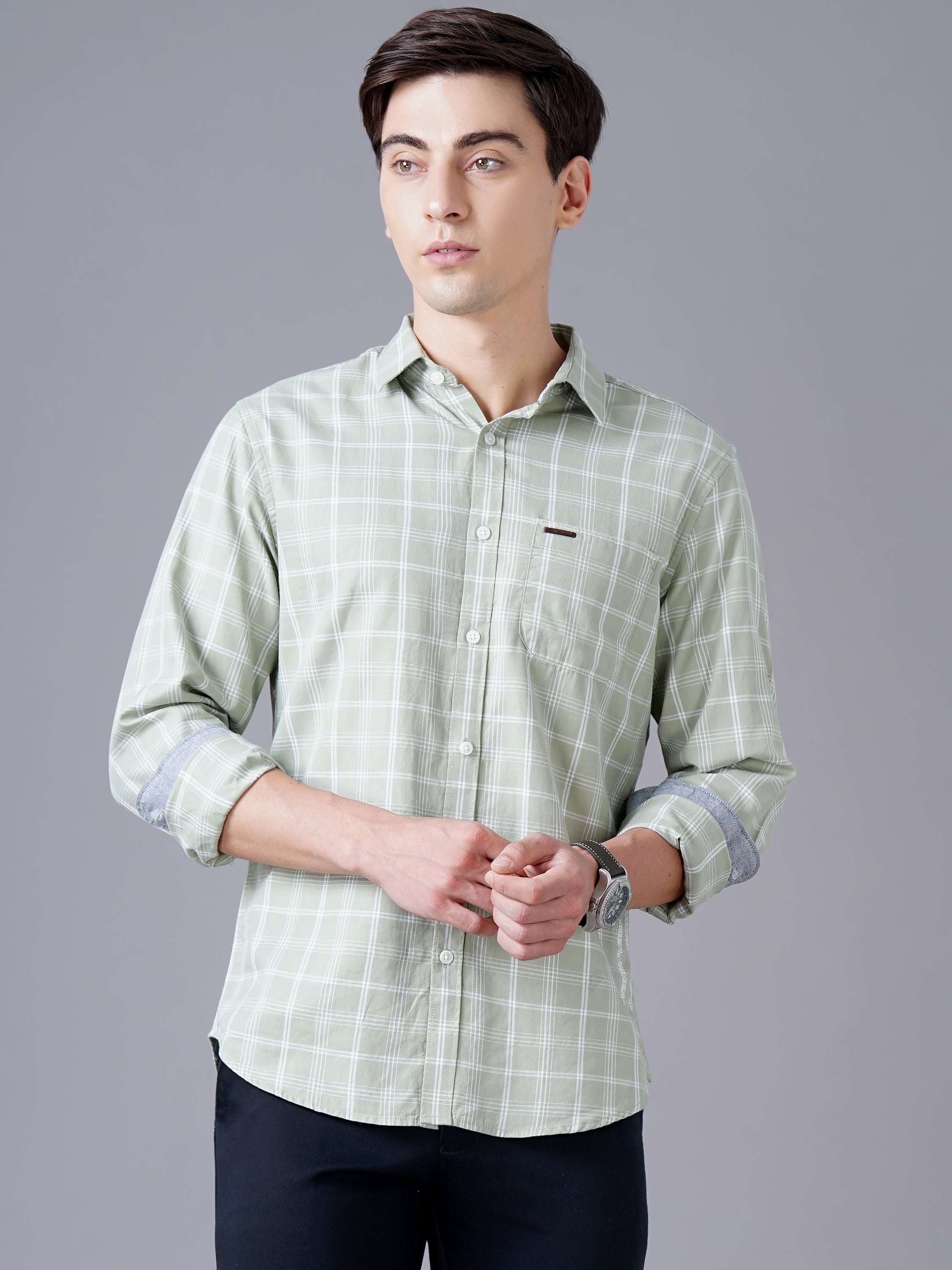 Men Green Cotton Slim Shirt