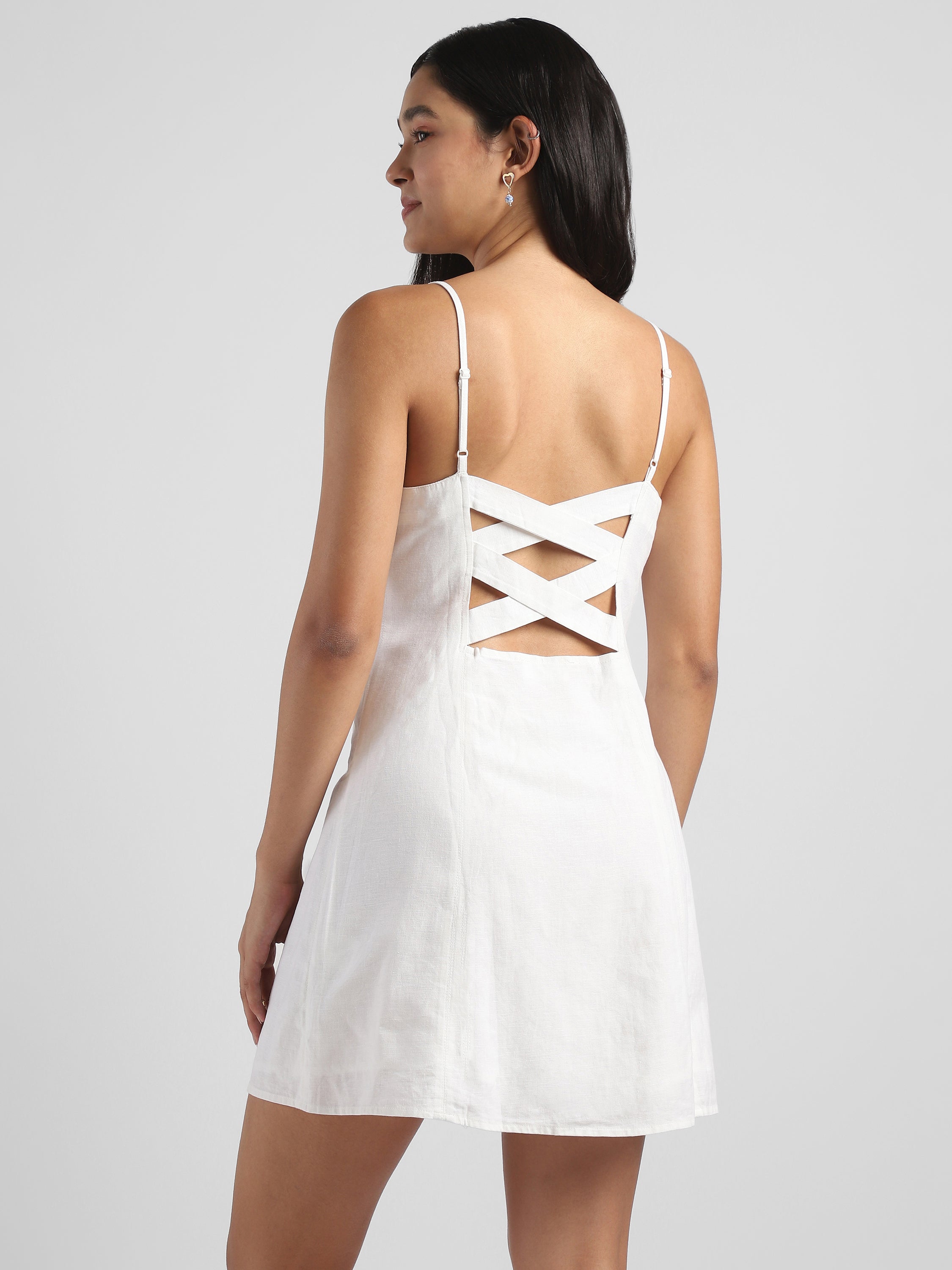 Women White A-Line Dress with strapped back