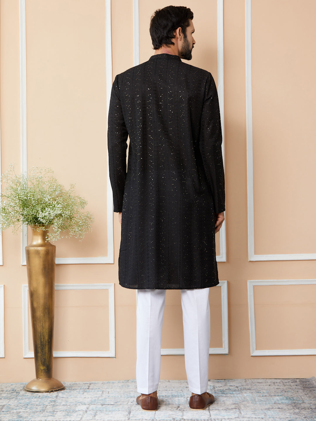 Men Black Embroidered Thread Work Sequinned Chanderi Silk Straight Kurta