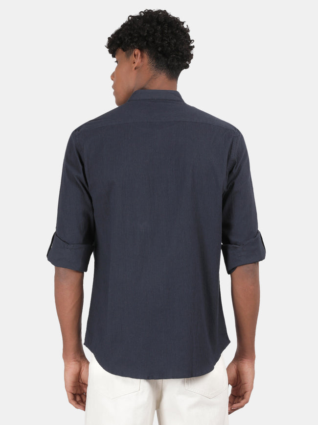 Men Navy Slim Fit Mandarin Collar Full Sleeve Casual Shirt