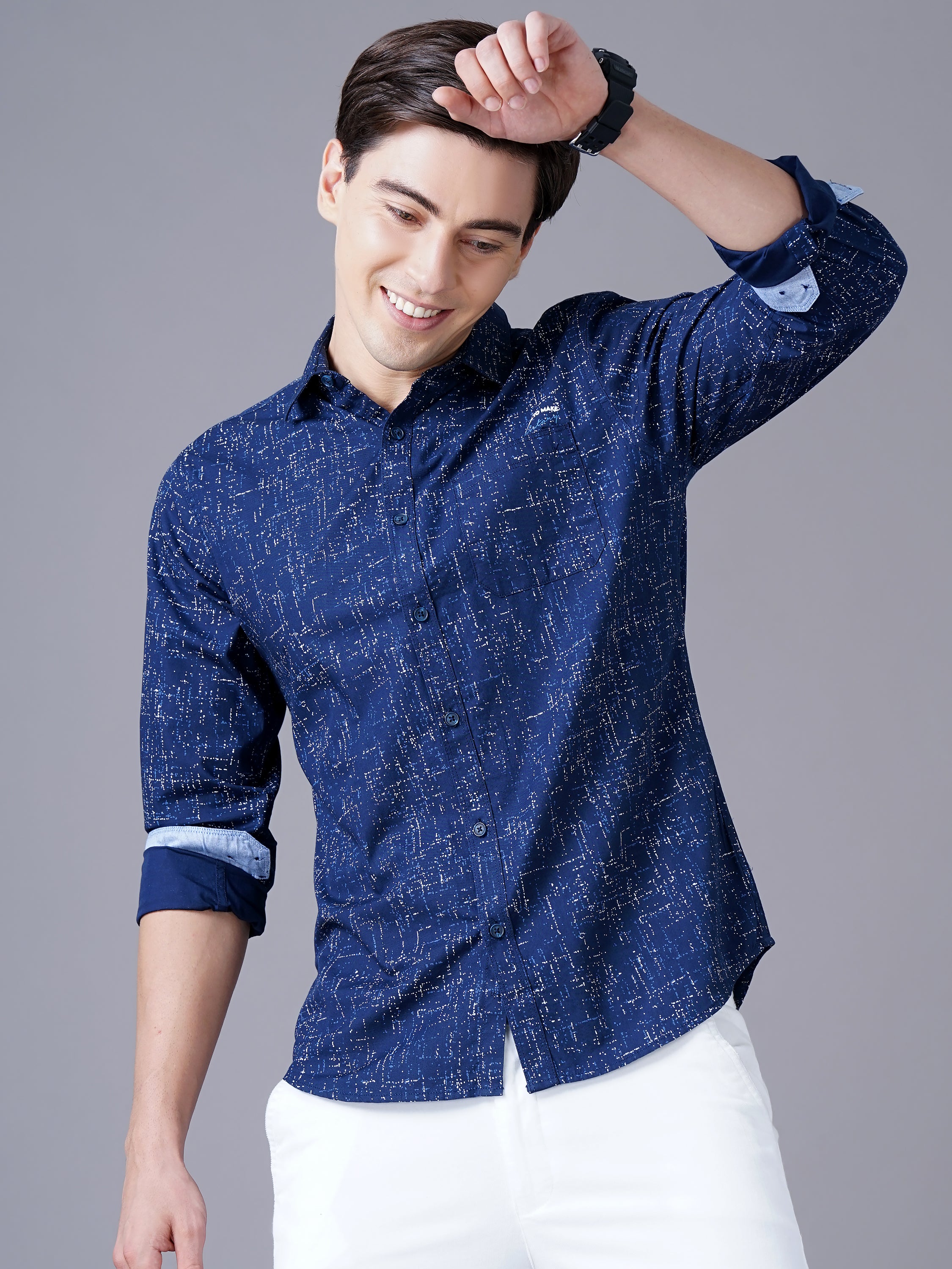 Men Blue Cotton Slim Shirt