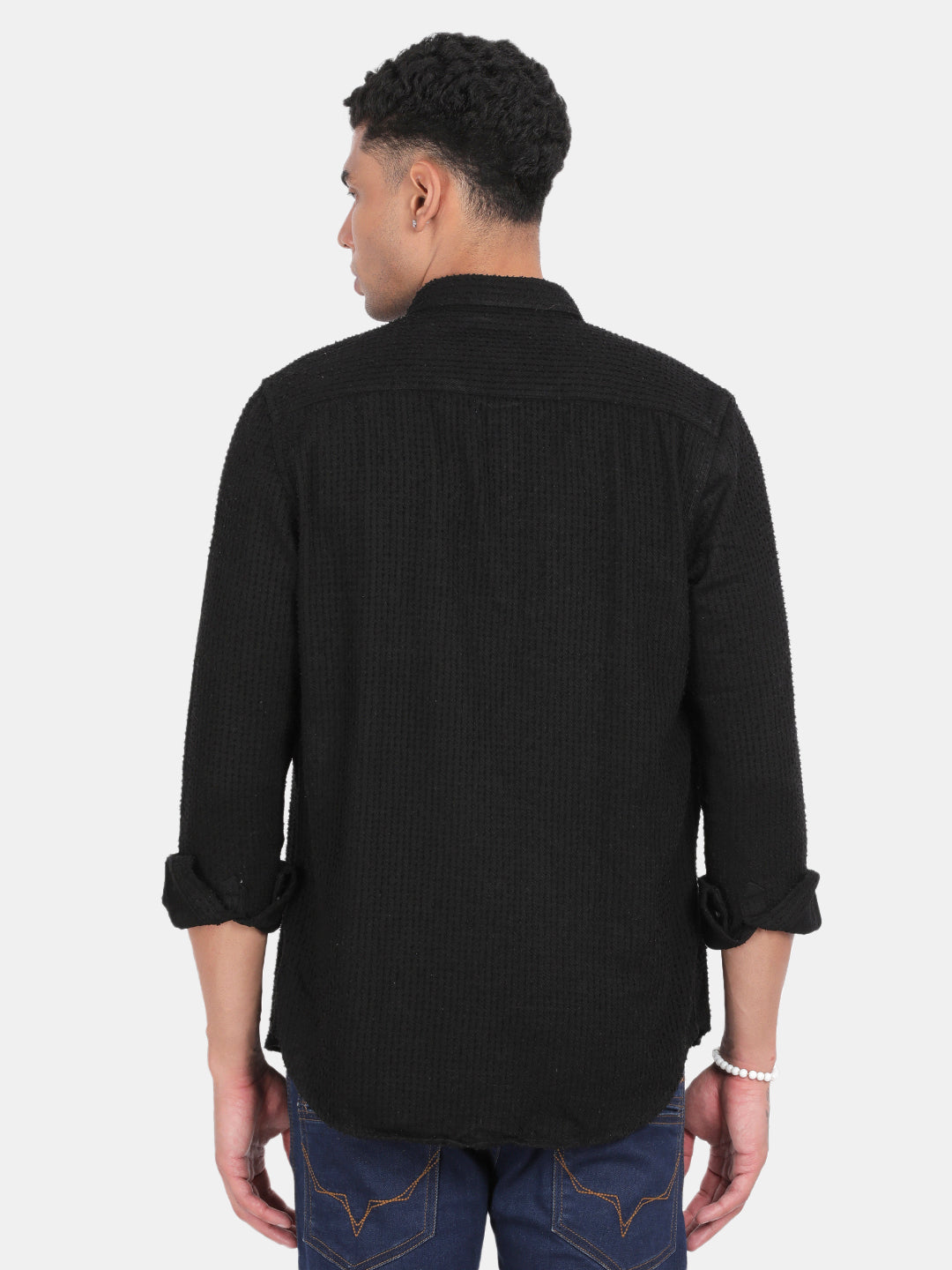 Men Black Slim Fit Spread Collar Full Sleeve Casual Shirt