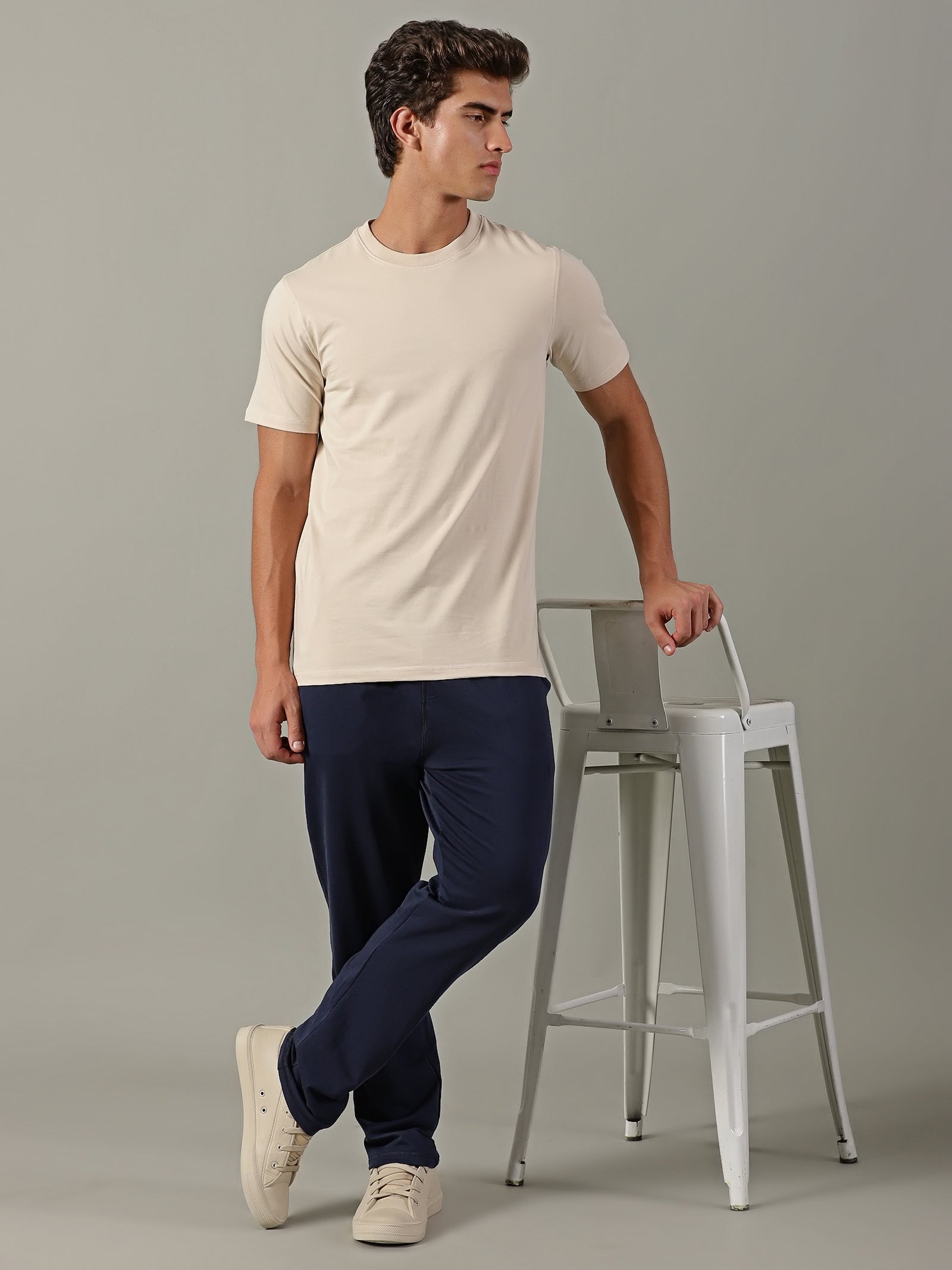 Men Beige Crew Neck T-Shirt