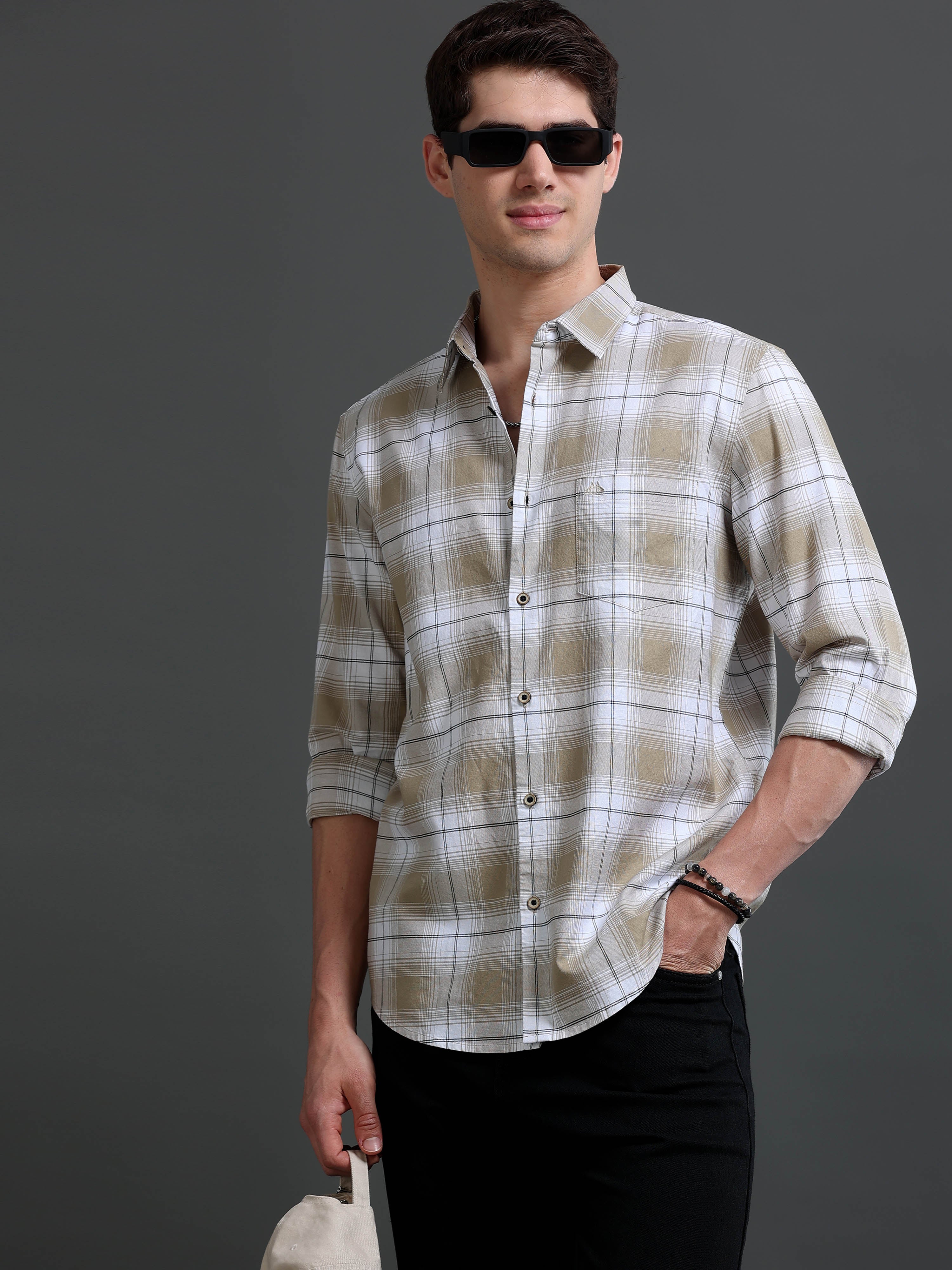 Men Beige Checked Cotton Shirt