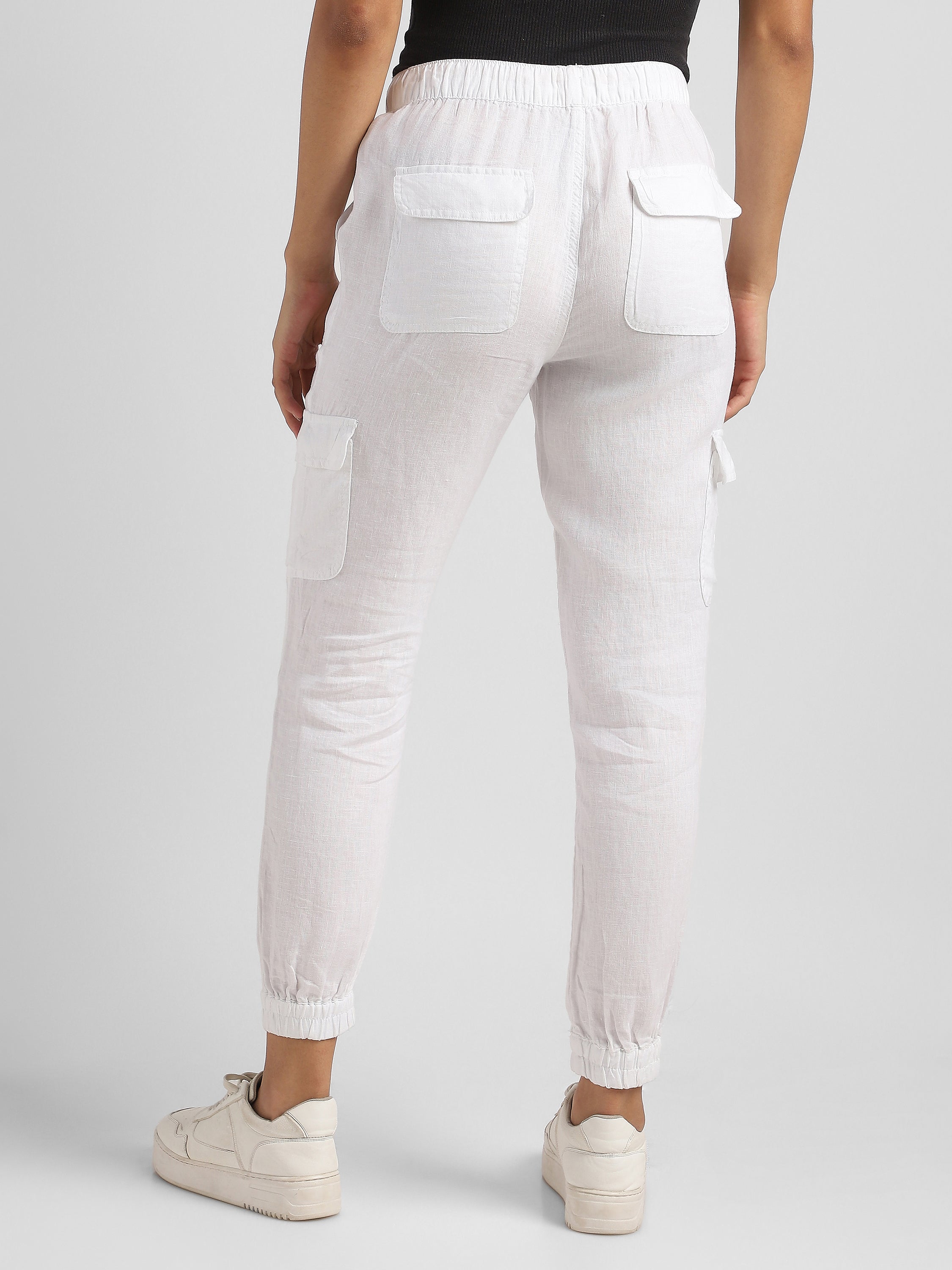 Women White Linen Blend Cargo Jogger Pants
