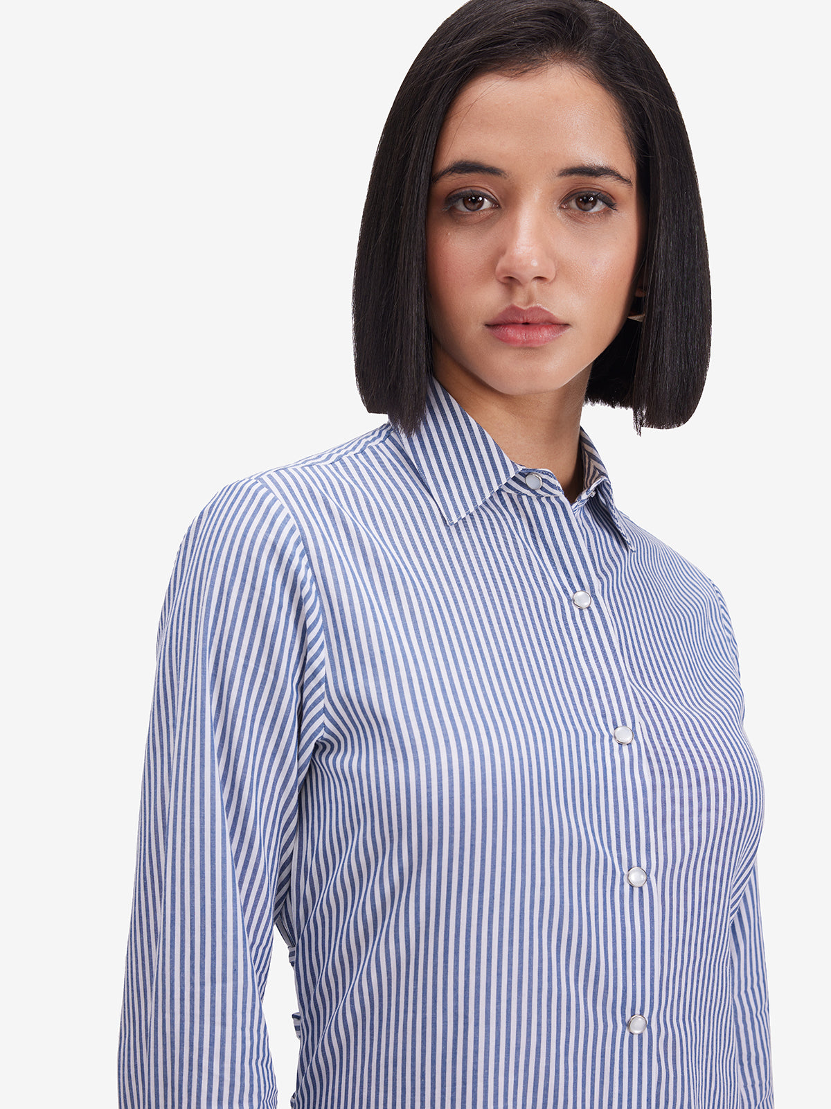 Women Blue Striped Tie-Back Shirt Dress