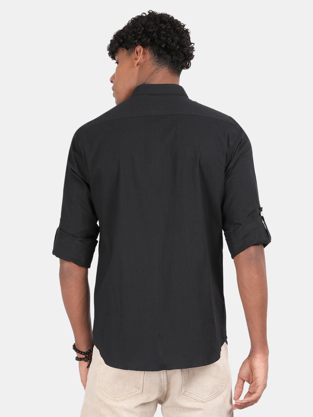 Men Charcoal Slim Fit Mandarin Collar Full Sleeve Casual Shirt