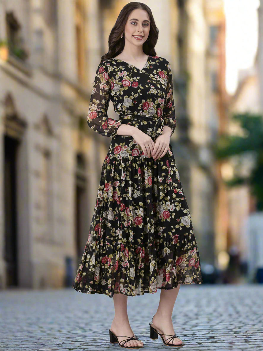 Women Black Floral Chiffon Dress