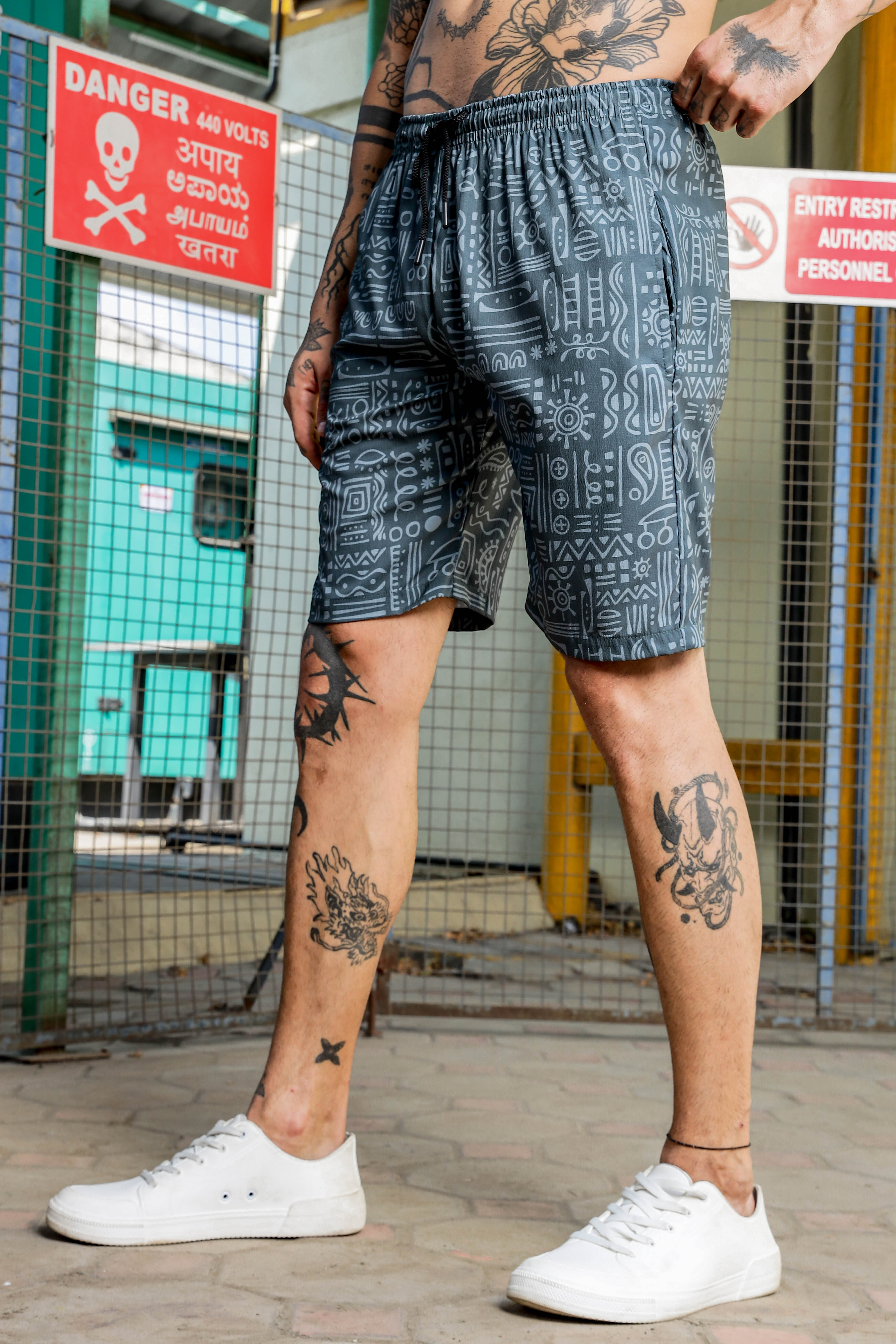 Men Grey Tribal Print Shorts