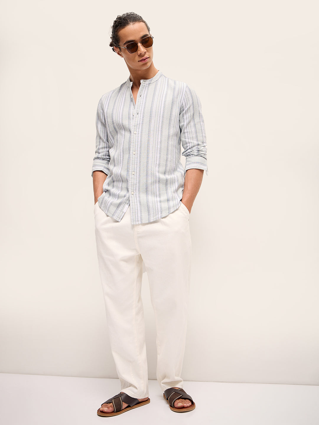 Men Light Blue Stripe Slim Fit Casual Shirt