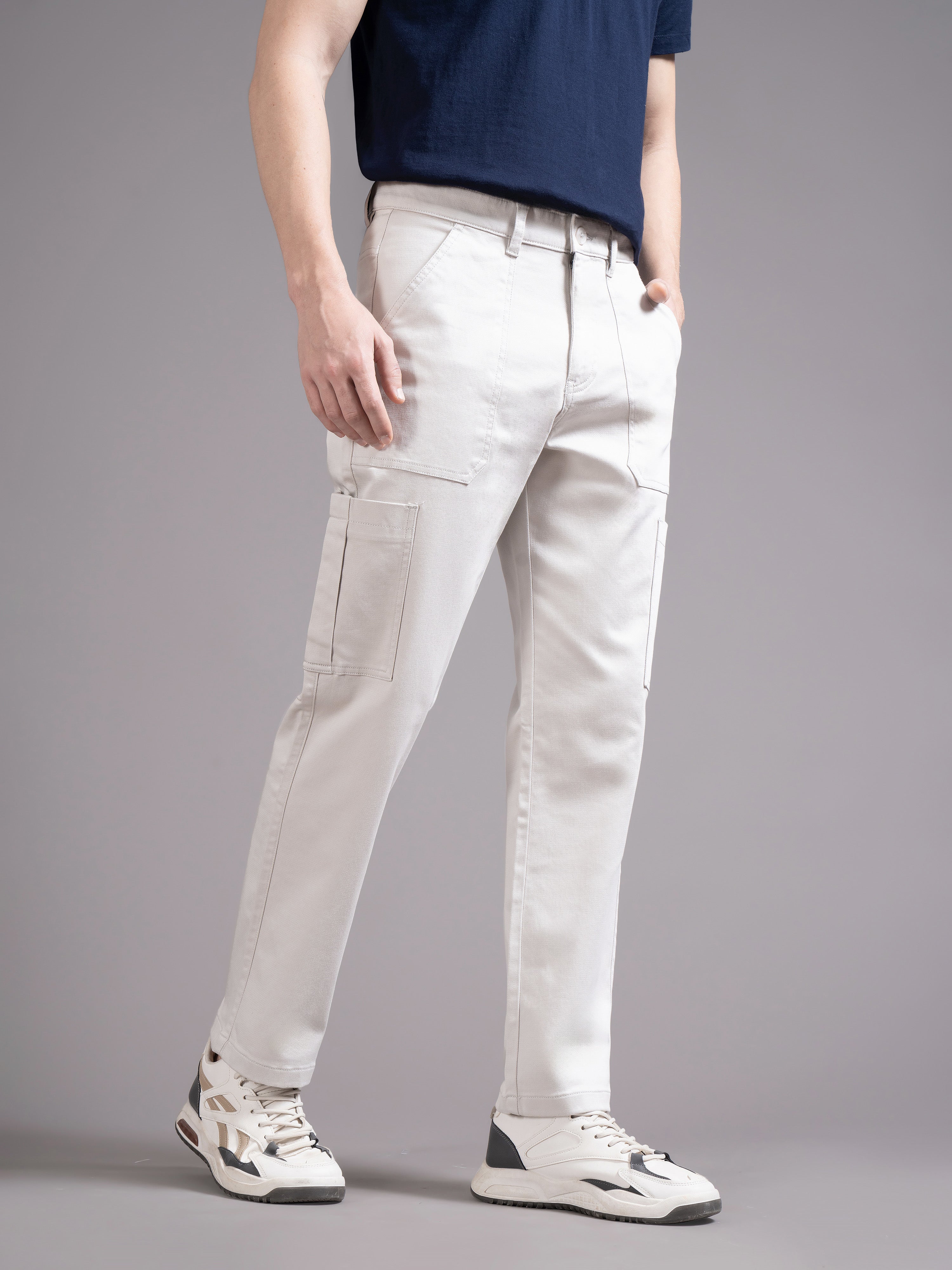 Men Off White Straight Fit Cargo Trouser
