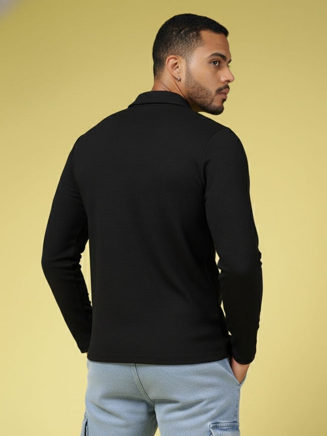 Men Black High Neck Polyester T-Shirt