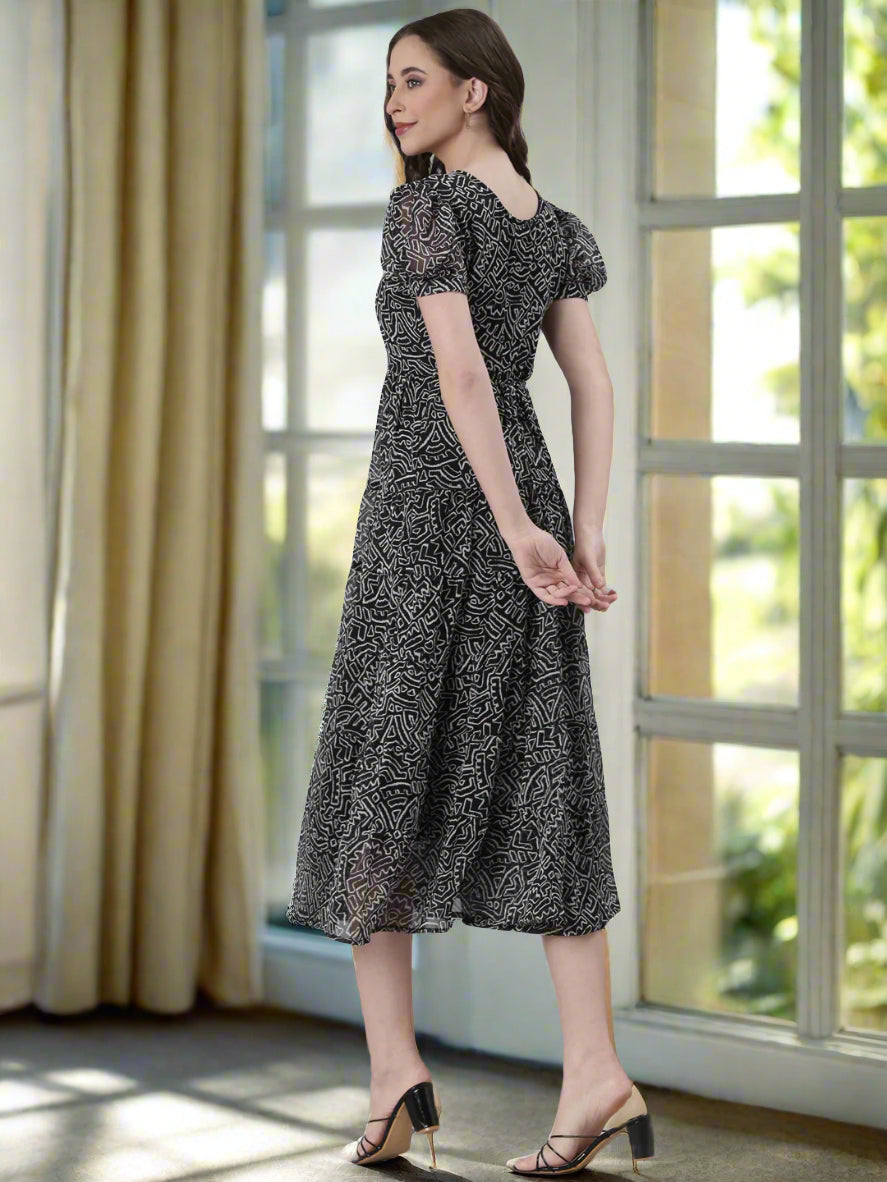 Women Black Floral Chiffon Maxi Dress