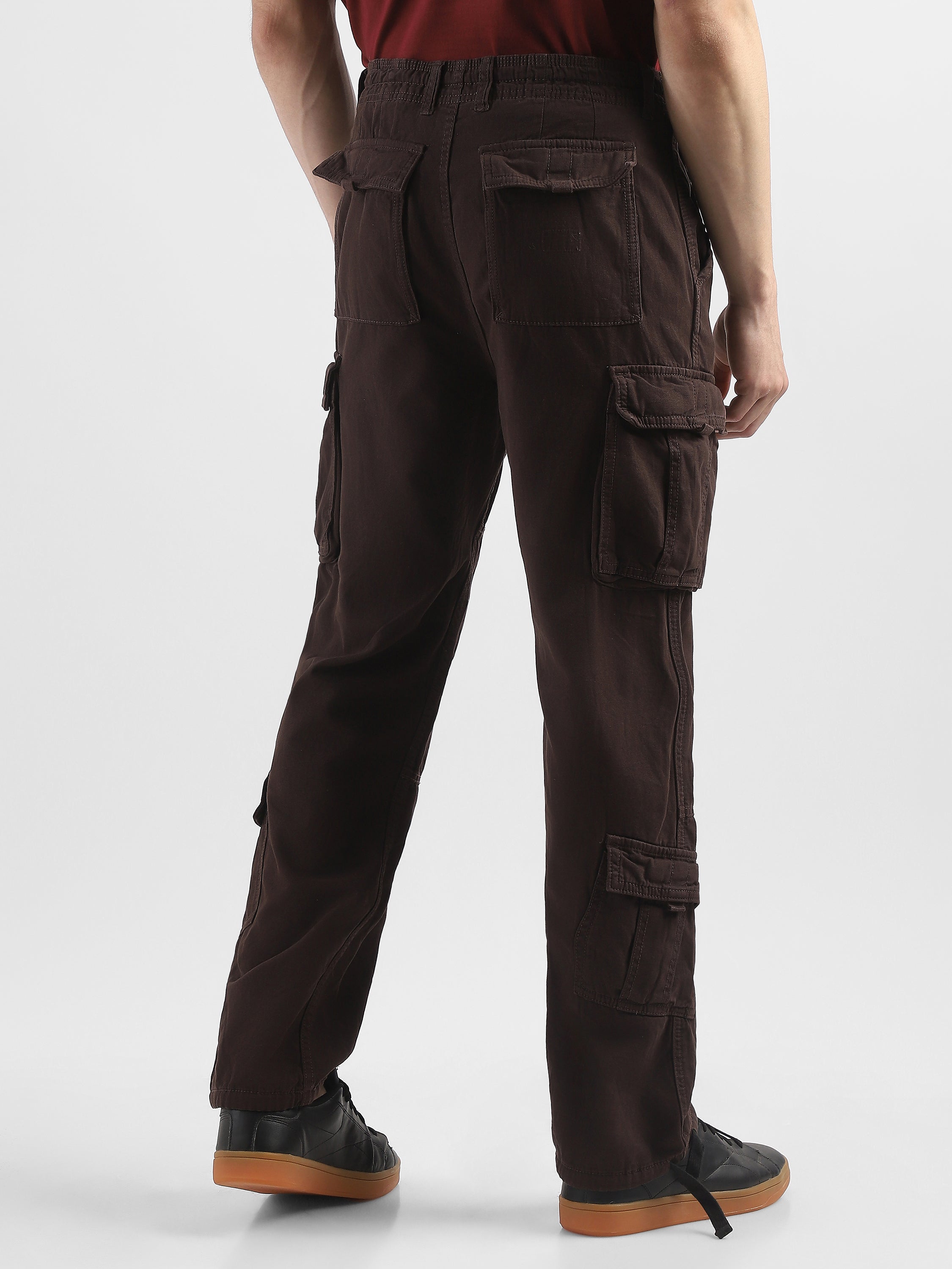 Men Brown Cotton Blend Cargo Pants with 8 Pockets