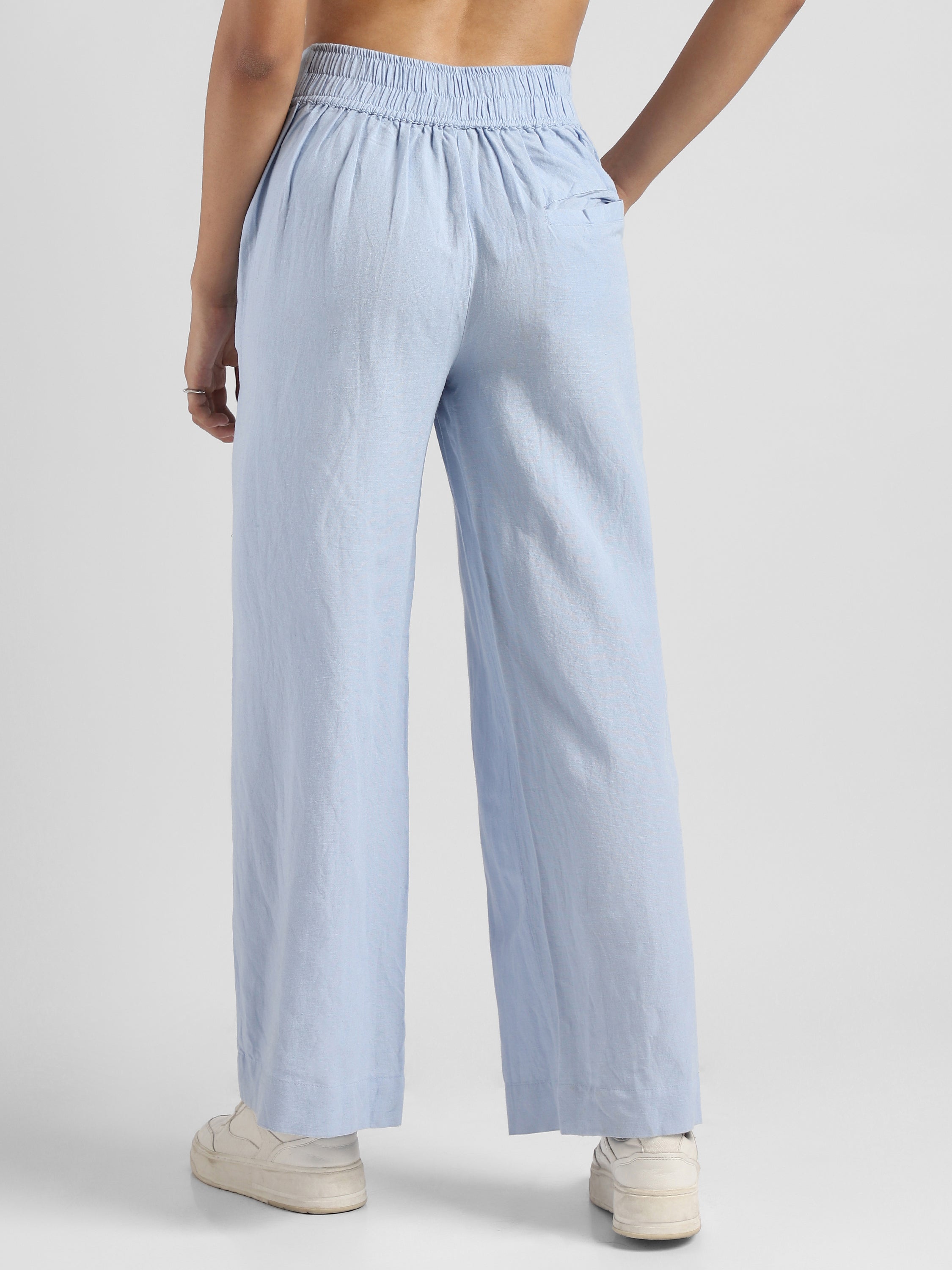 Women Blue Linen Blend Straight Pants