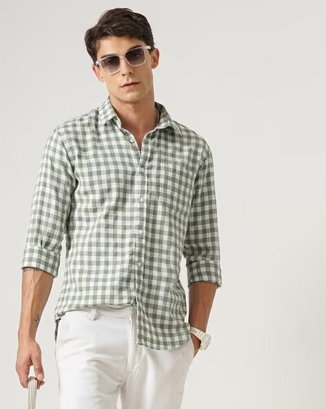 Men Green Checked Shirt