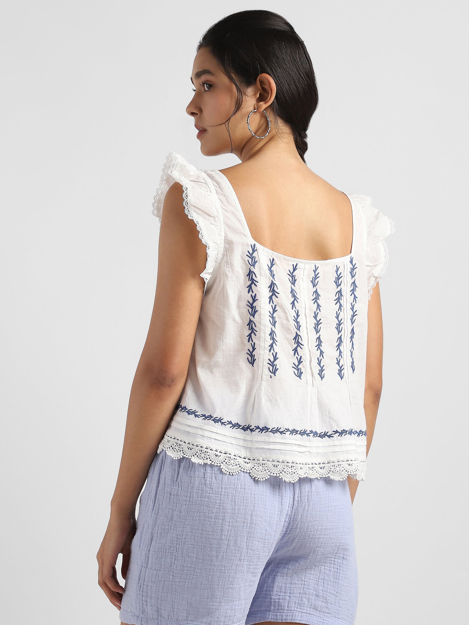 Women White and Blue Embroidered Laced Top