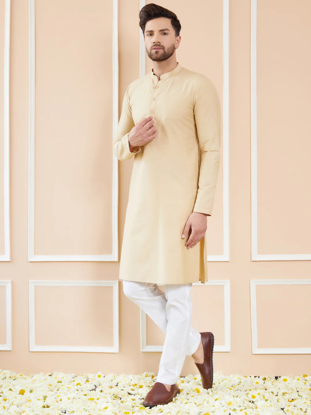 Men Cream Cotton Solid Straight Kurta