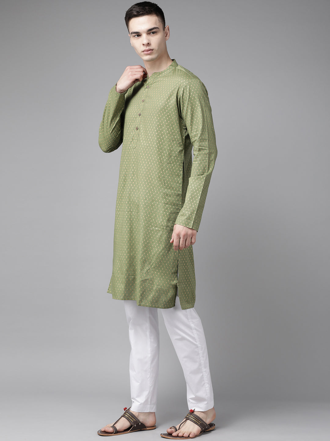 Men Green & Gold Stripe Printed Straight Kurta