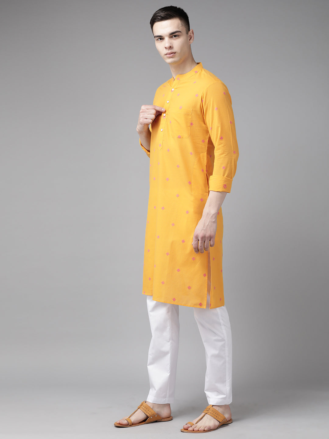 Men Yellow & Maroon  Woven Design Straight Kurta