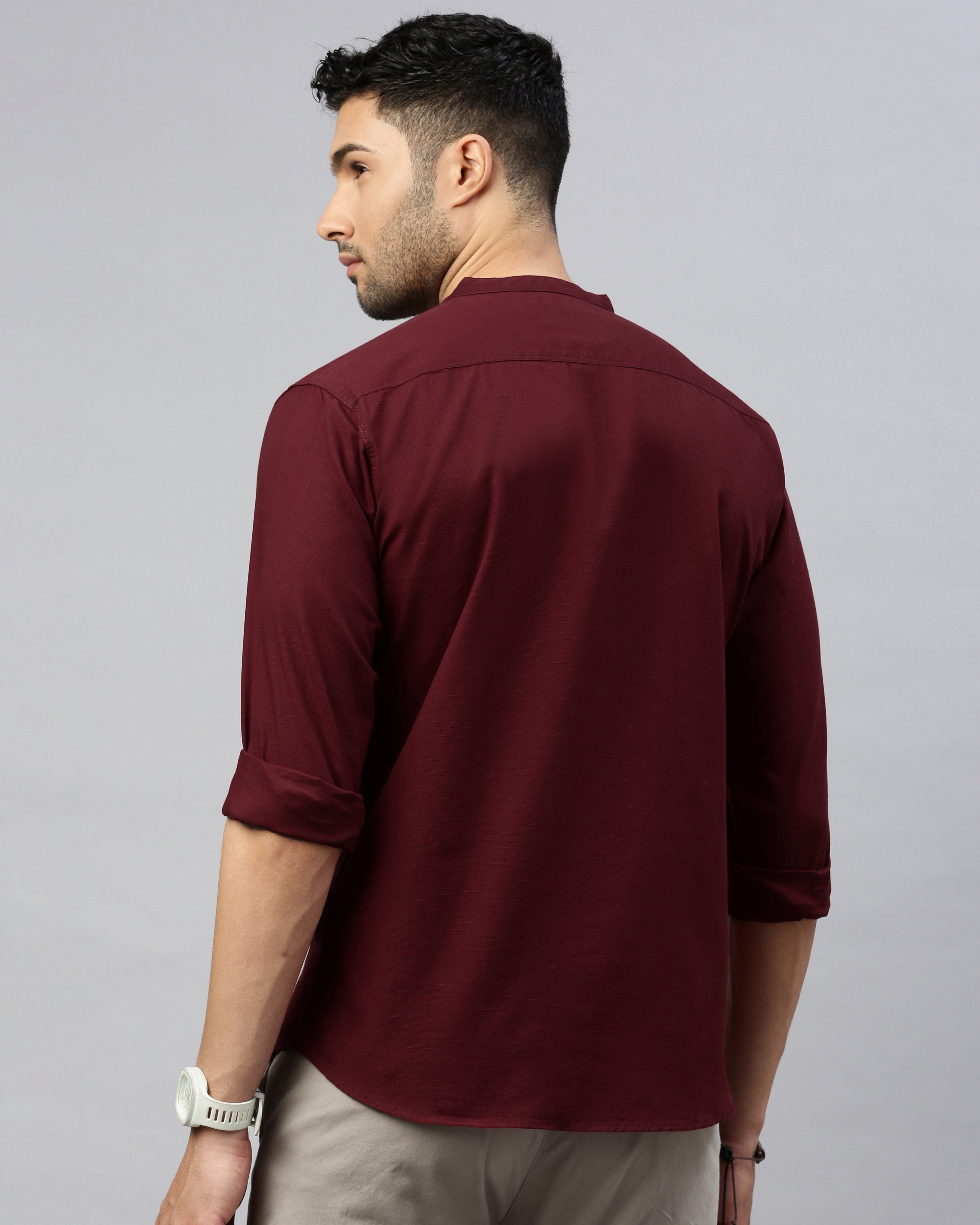 Men Maroon Cotton Slim Shirt
