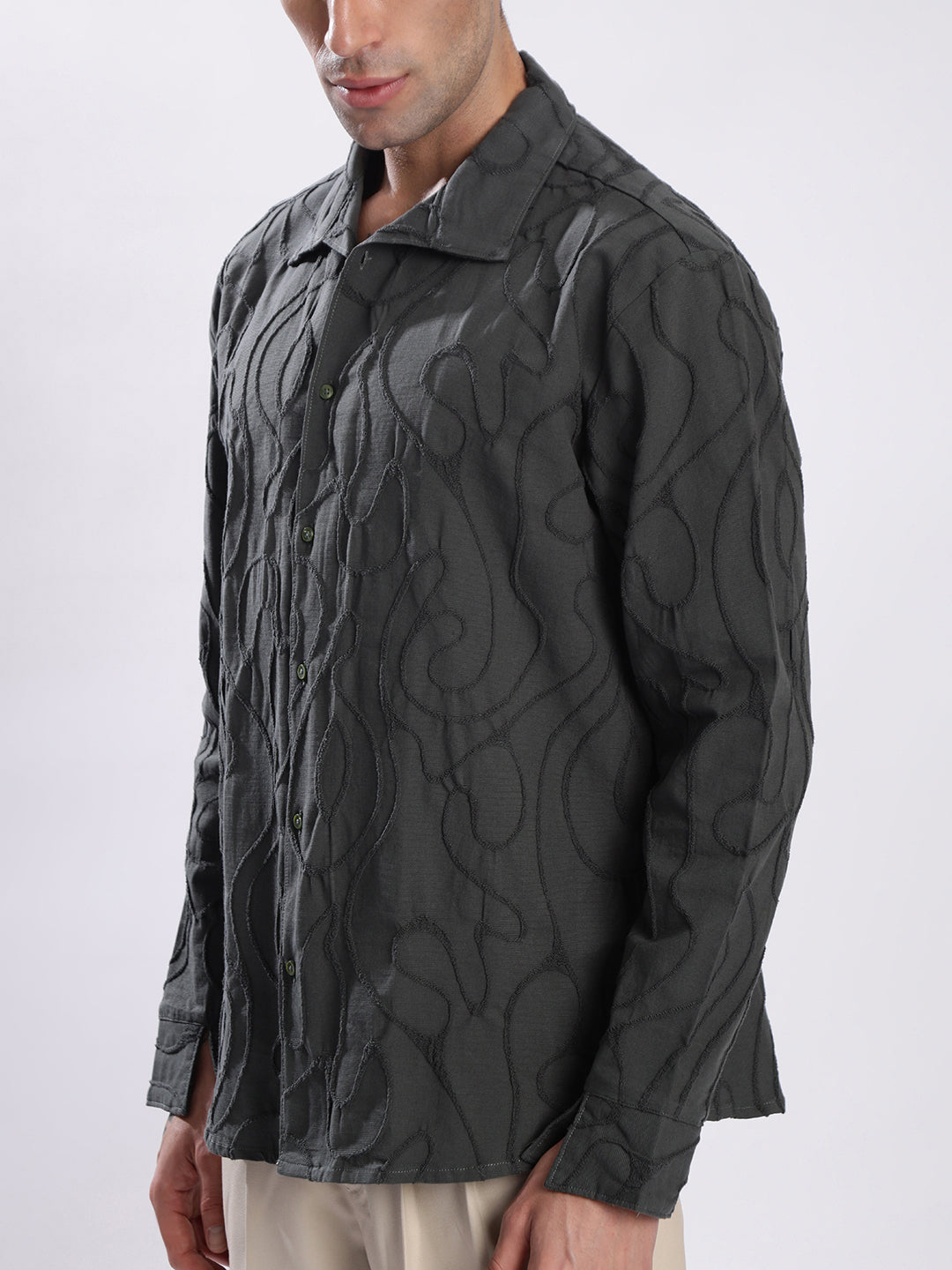 Men Olive Textured Shirt with stylized Collar