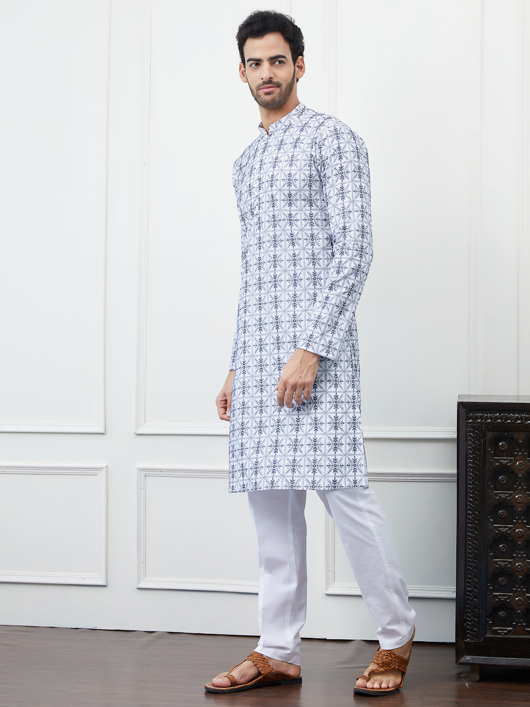 Men Blue Chikankari Embroidered Cotton Kurta