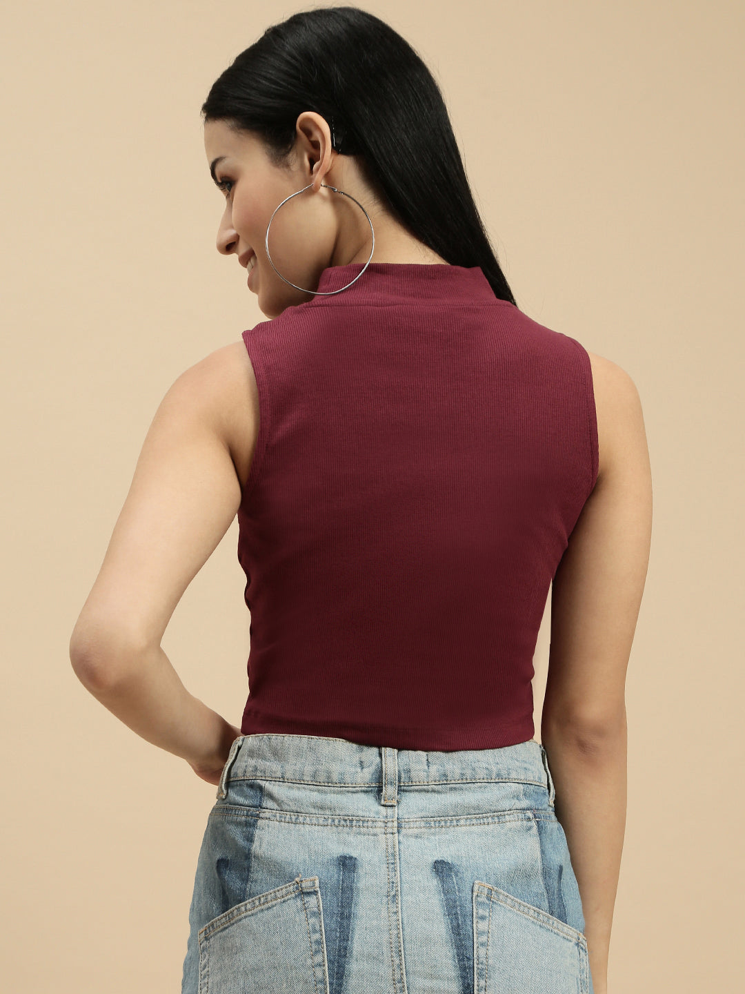 Women Burgundy Sleeveless Crop Top