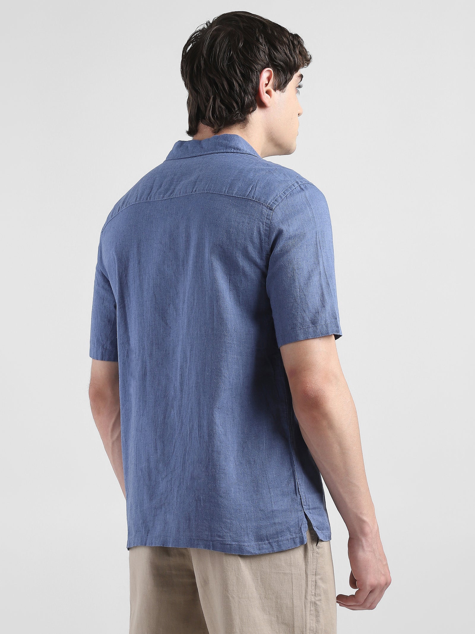 Men Blue Spread Collar Cotton Blend Shirt