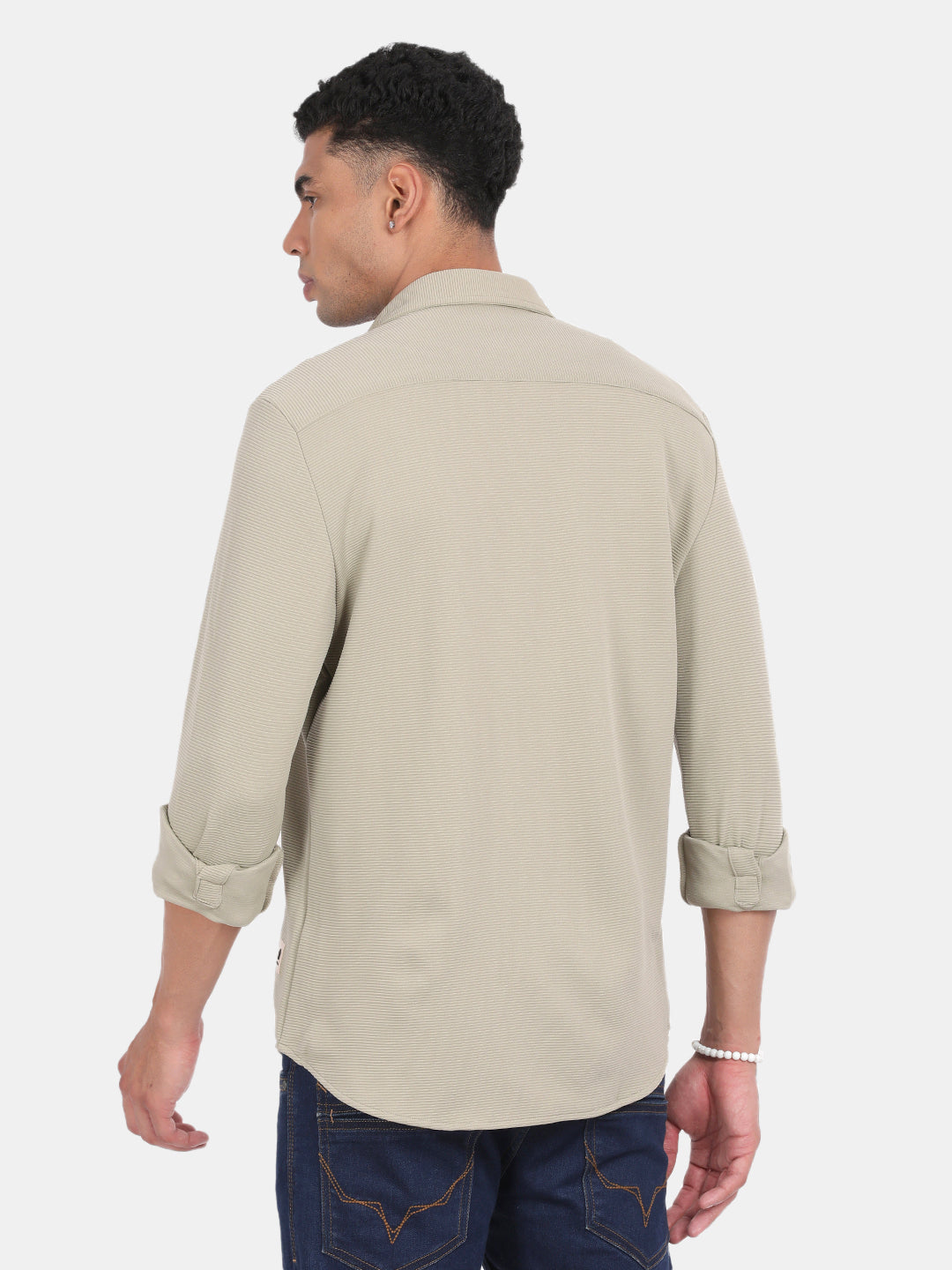 Men Light Cream Slim Fit Spread Collar Full Sleeve Casual Shirt