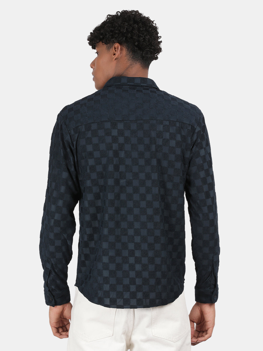 Men Navy Slim Fit Spread Collar Full Sleeve Casual Shirt