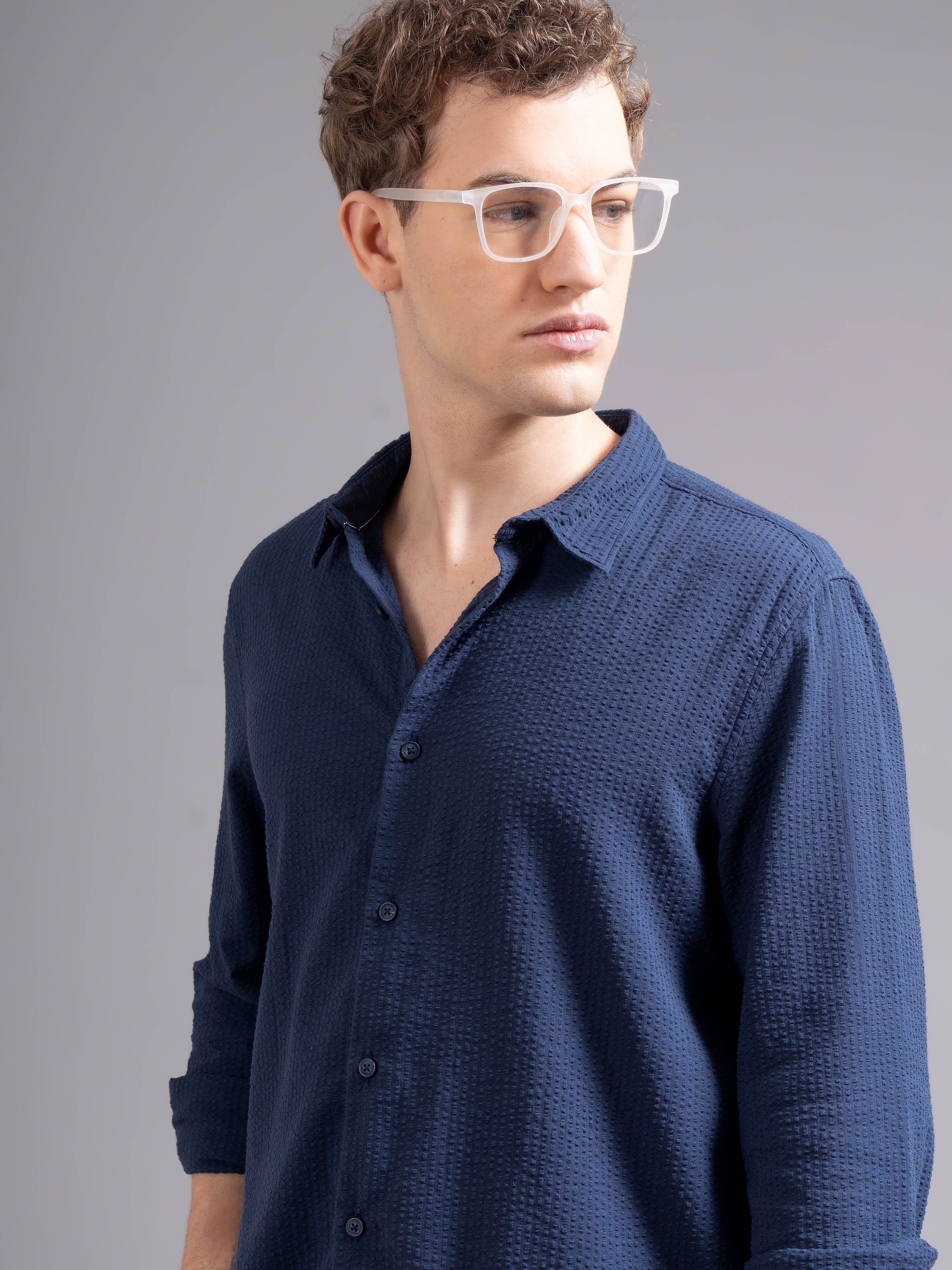 Men Navy Blue Cotton Shirt