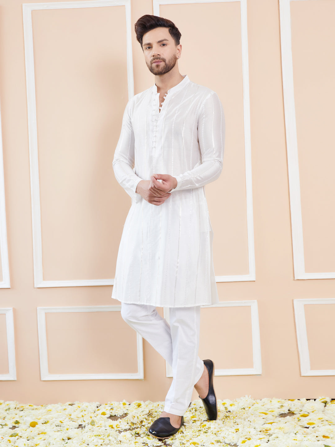 Men Off White Sequins Embroidered Chanderi Silk Kurta