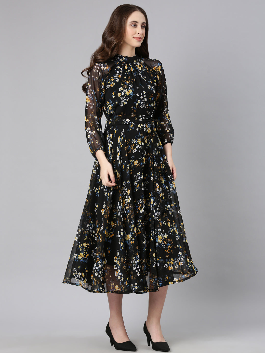 Women Black Floral Chiffon Dress